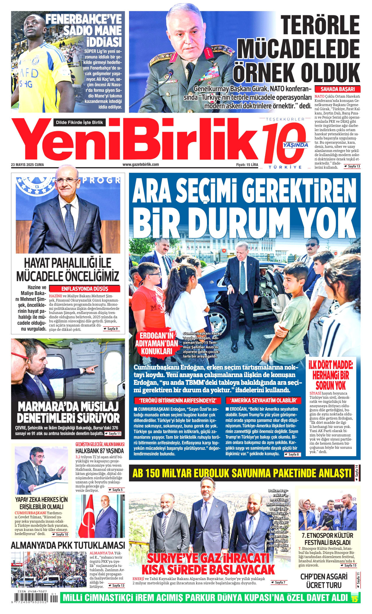 YENİBİRLİK gazetesinin 23 Mayıs 2025 tarihli birinci sayfası