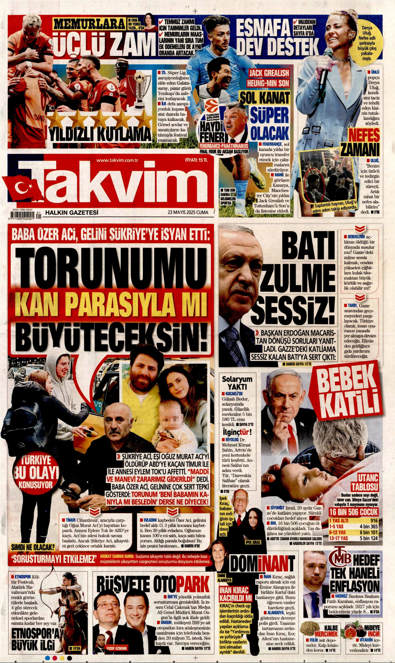 TAKVİM gazetesinin 23 Mayıs 2025 tarihli birinci sayfası