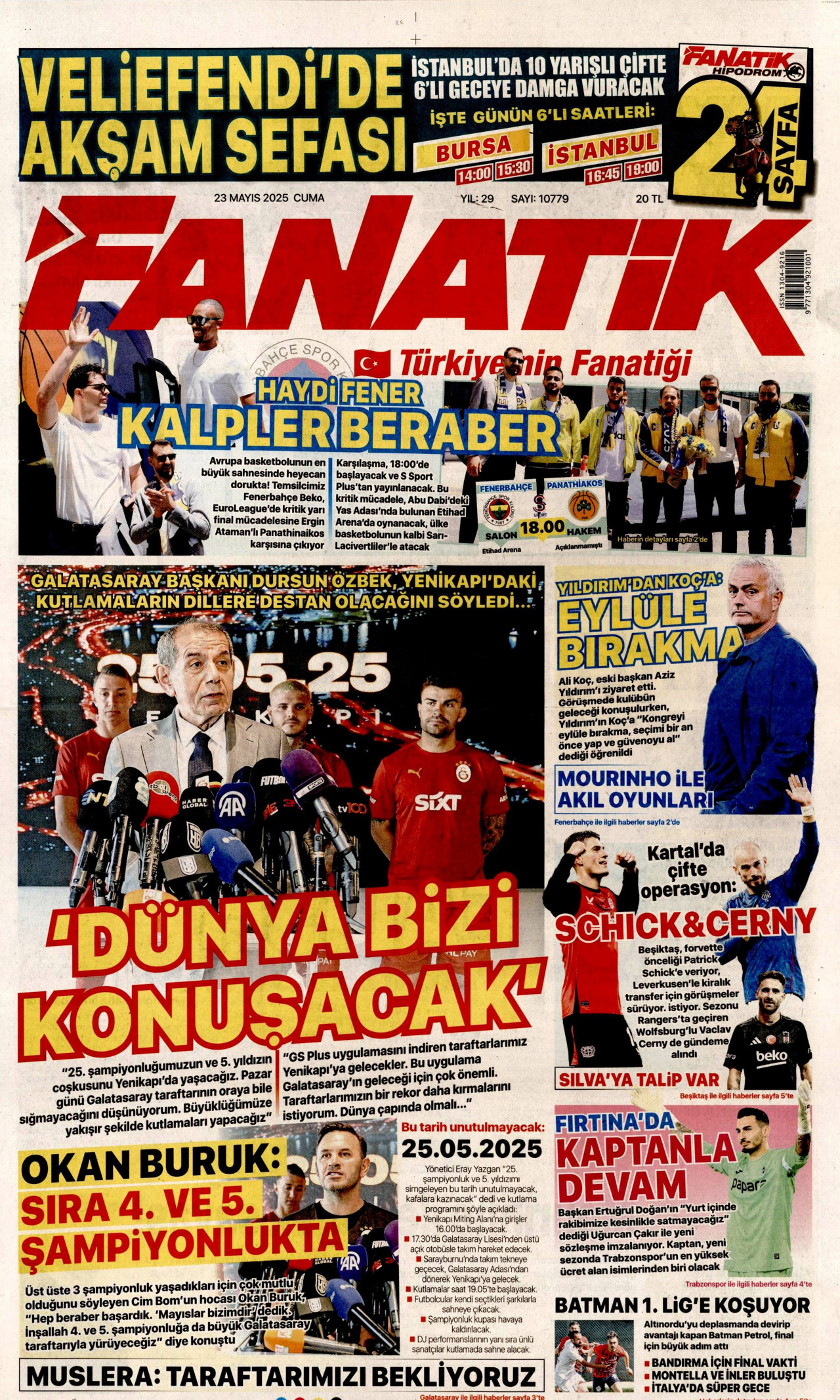 FANATİK gazetesinin 23 Mayıs 2025 tarihli birinci sayfası