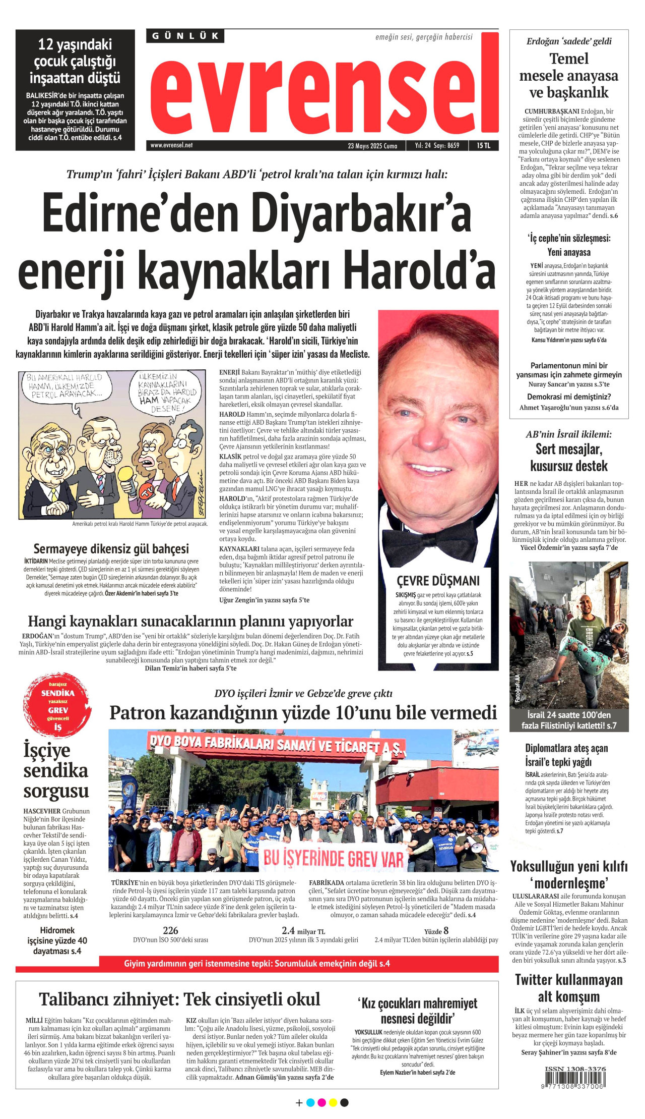 EVRENSEL gazetesinin 23 Mayıs 2025 tarihli birinci sayfası
