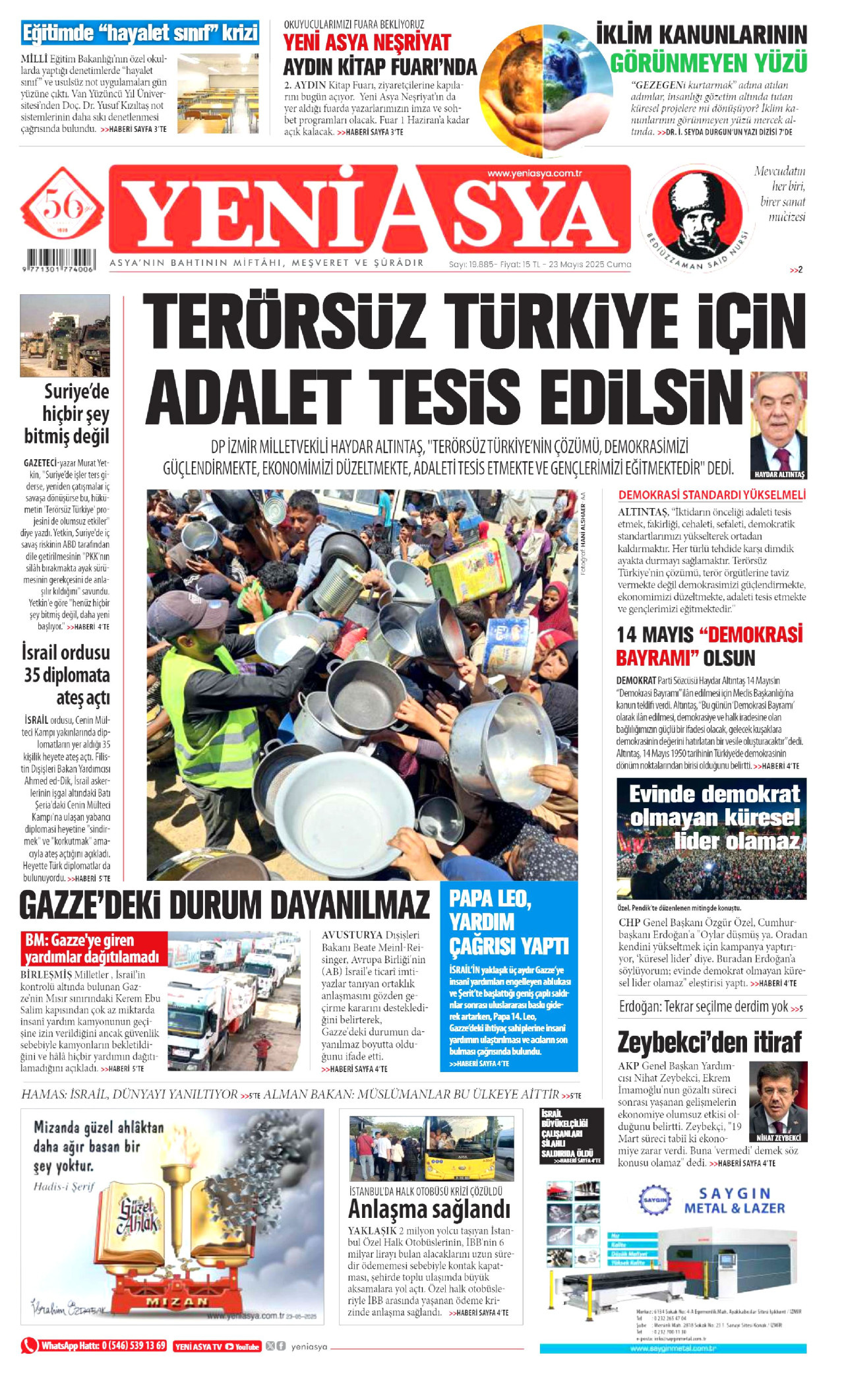 YENİ ASYA gazetesinin 23 Mayıs 2025 tarihli birinci sayfası