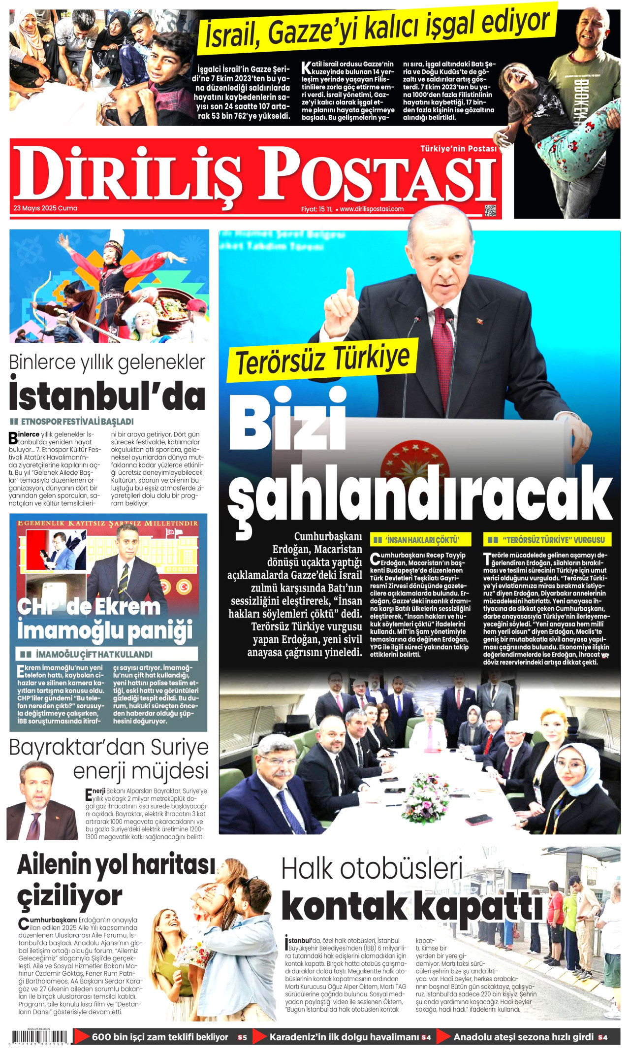 DİRİLİŞ POSTASI gazetesinin 23 Mayıs 2025 tarihli birinci sayfası