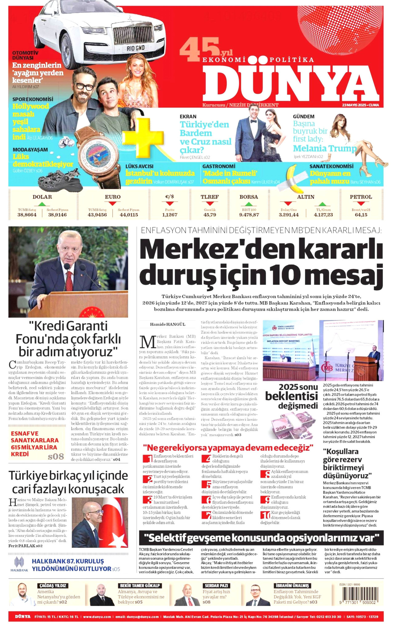 DÜNYA gazetesinin 23 Mayıs 2025 tarihli birinci sayfası