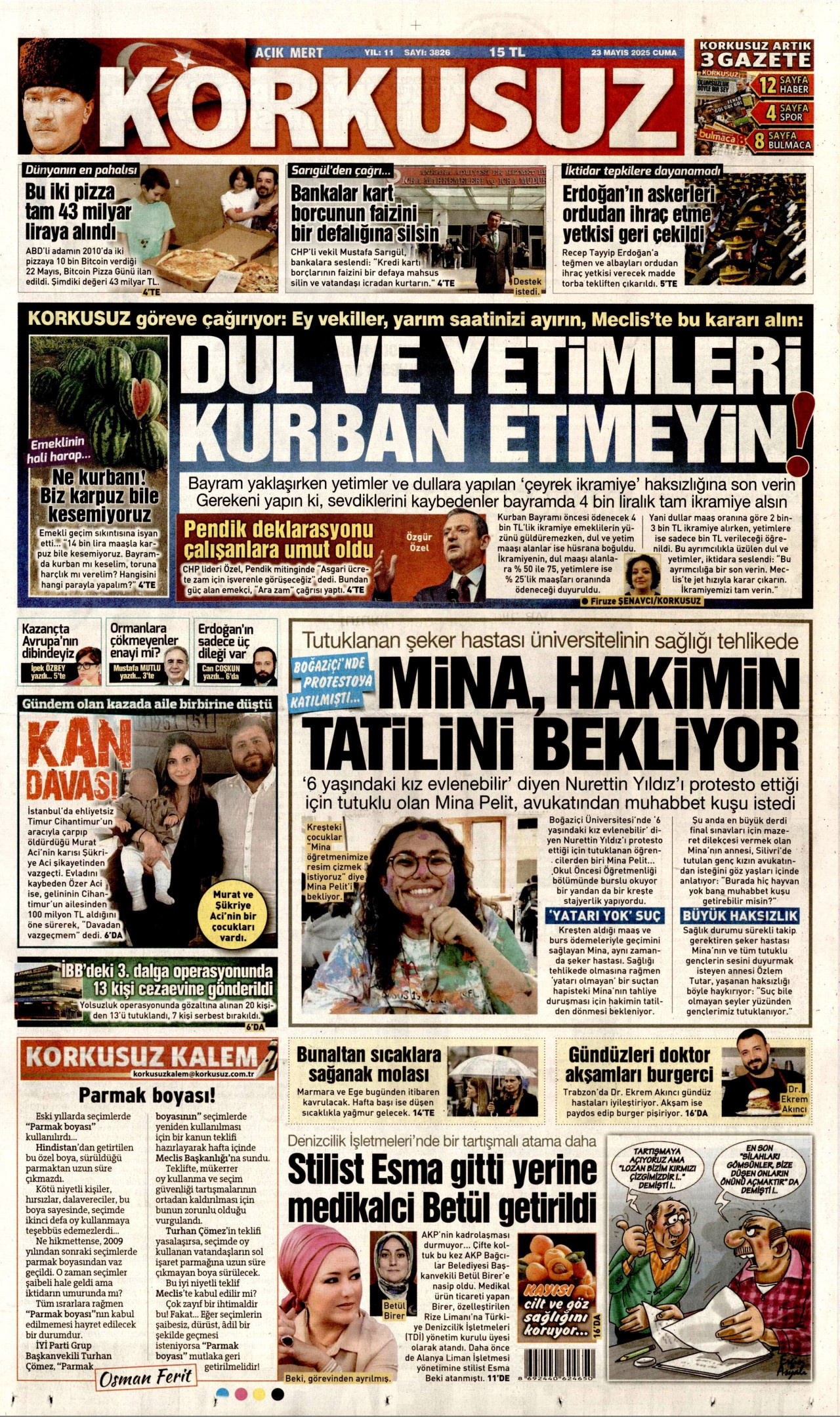 KORKUSUZ gazetesinin 23 Mayıs 2025 tarihli birinci sayfası