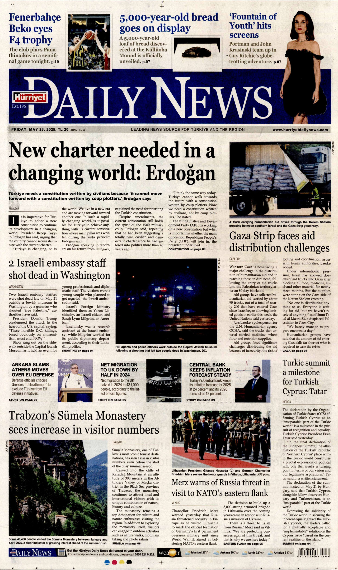 HÜRRİYET DAİLY NEWS gazetesinin 23 Mayıs 2025 tarihli birinci sayfası