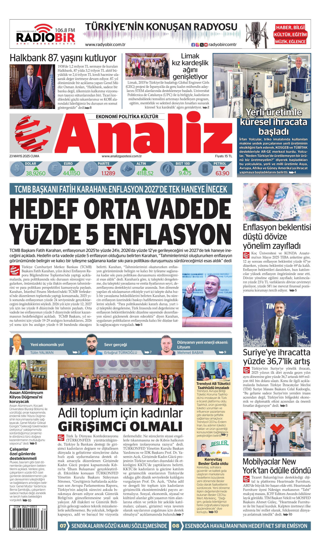 ANALİZ gazetesinin 23 Mayıs 2025 tarihli birinci sayfası