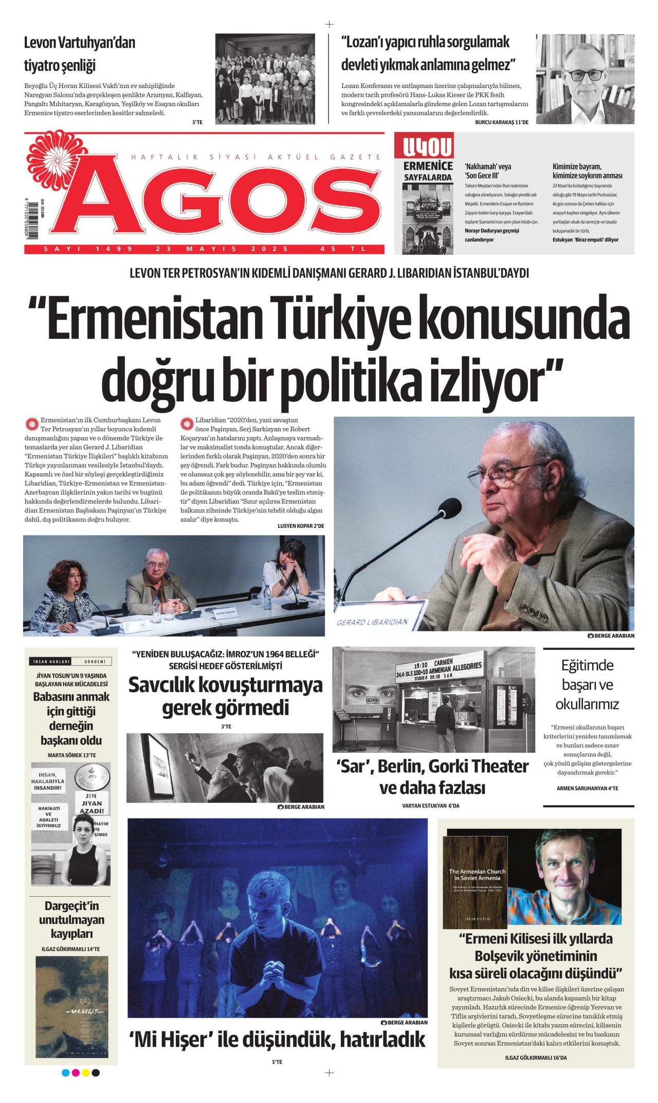 AGOS gazetesinin 23 Mayıs 2025 tarihli birinci sayfası