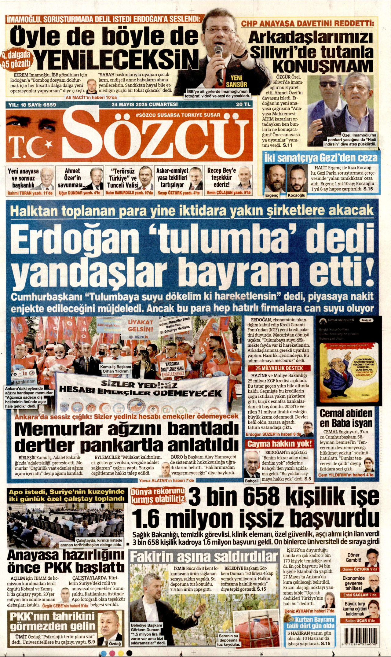 SÖZCÜ gazetesinin 24 Mayıs 2025 tarihli birinci sayfası