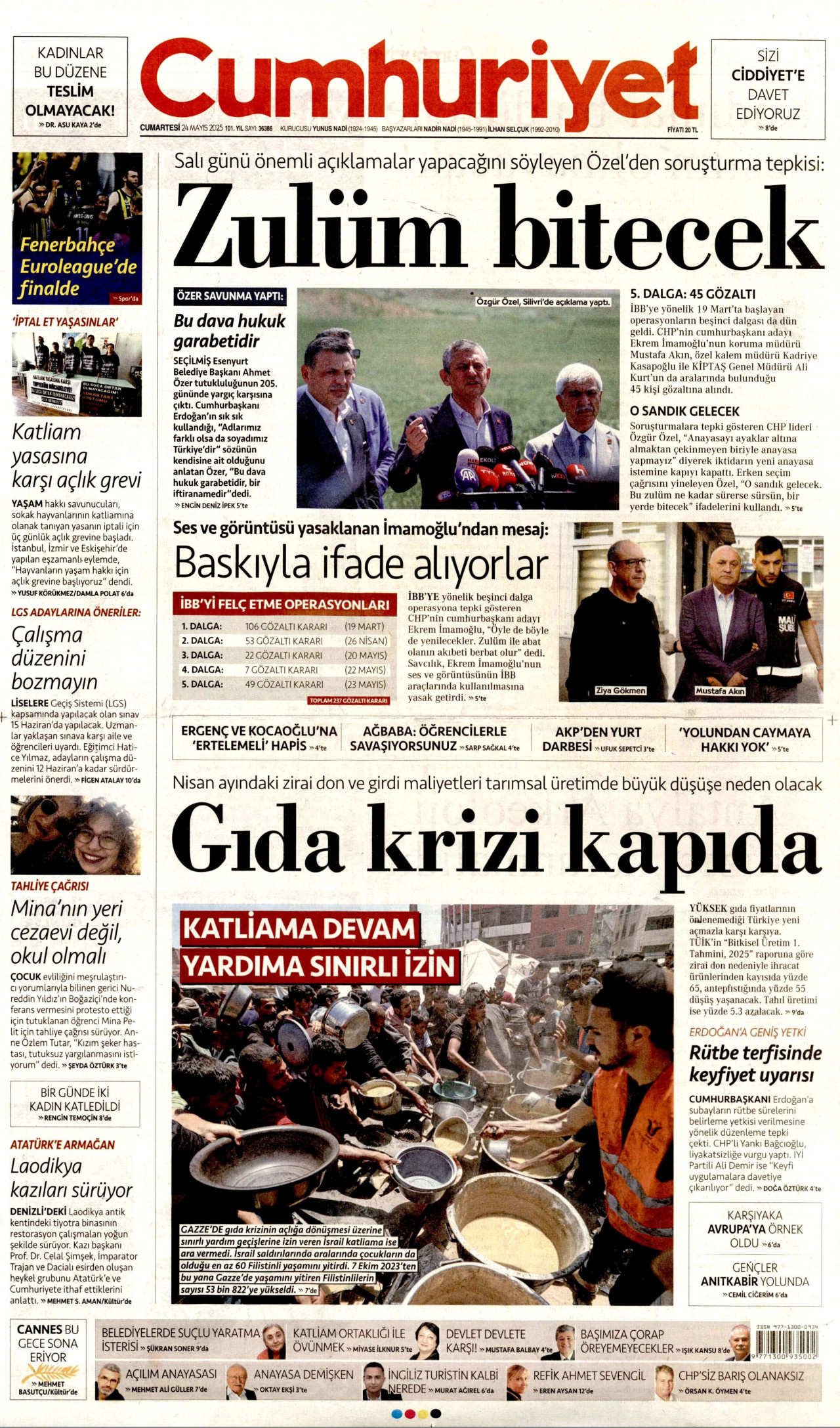 CUMHURİYET gazetesinin 24 Mayıs 2025 tarihli birinci sayfası