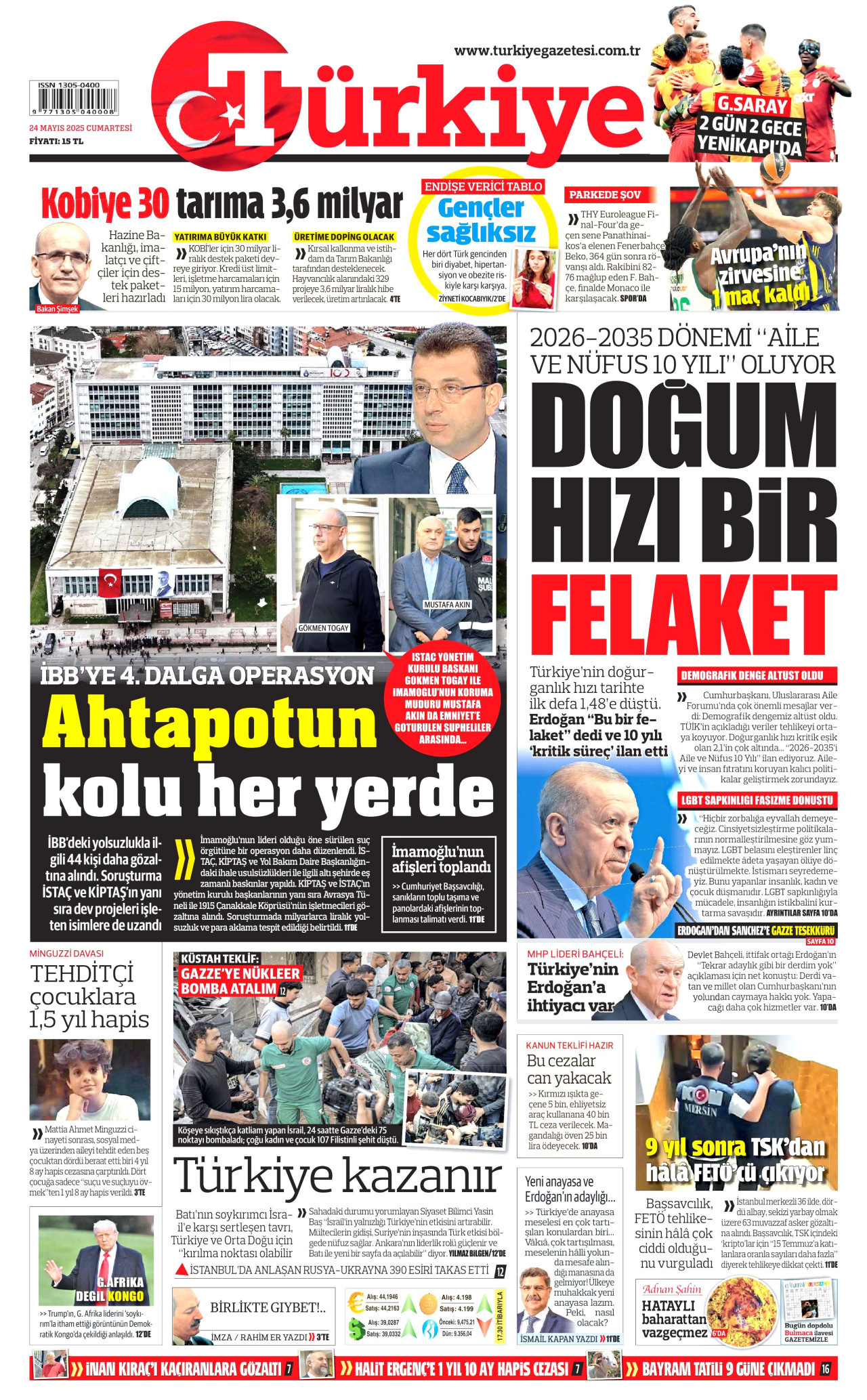 TÜRKİYE GAZETESİ gazetesinin 24 Mayıs 2025 tarihli birinci sayfası