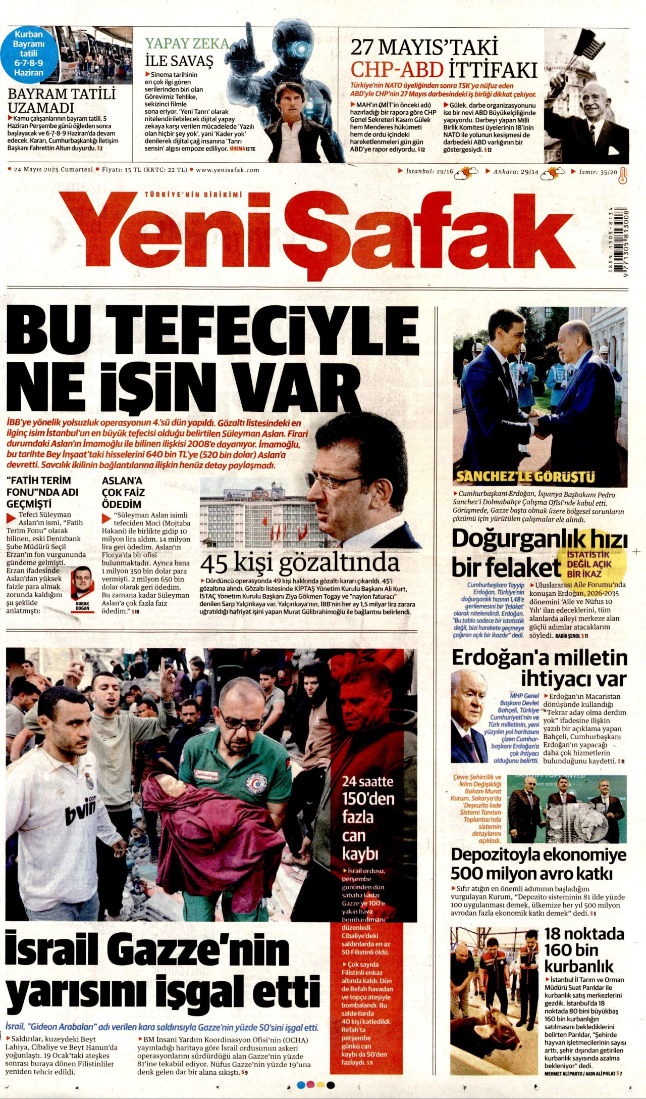YENİ ŞAFAK gazetesinin 24 Mayıs 2025 tarihli birinci sayfası