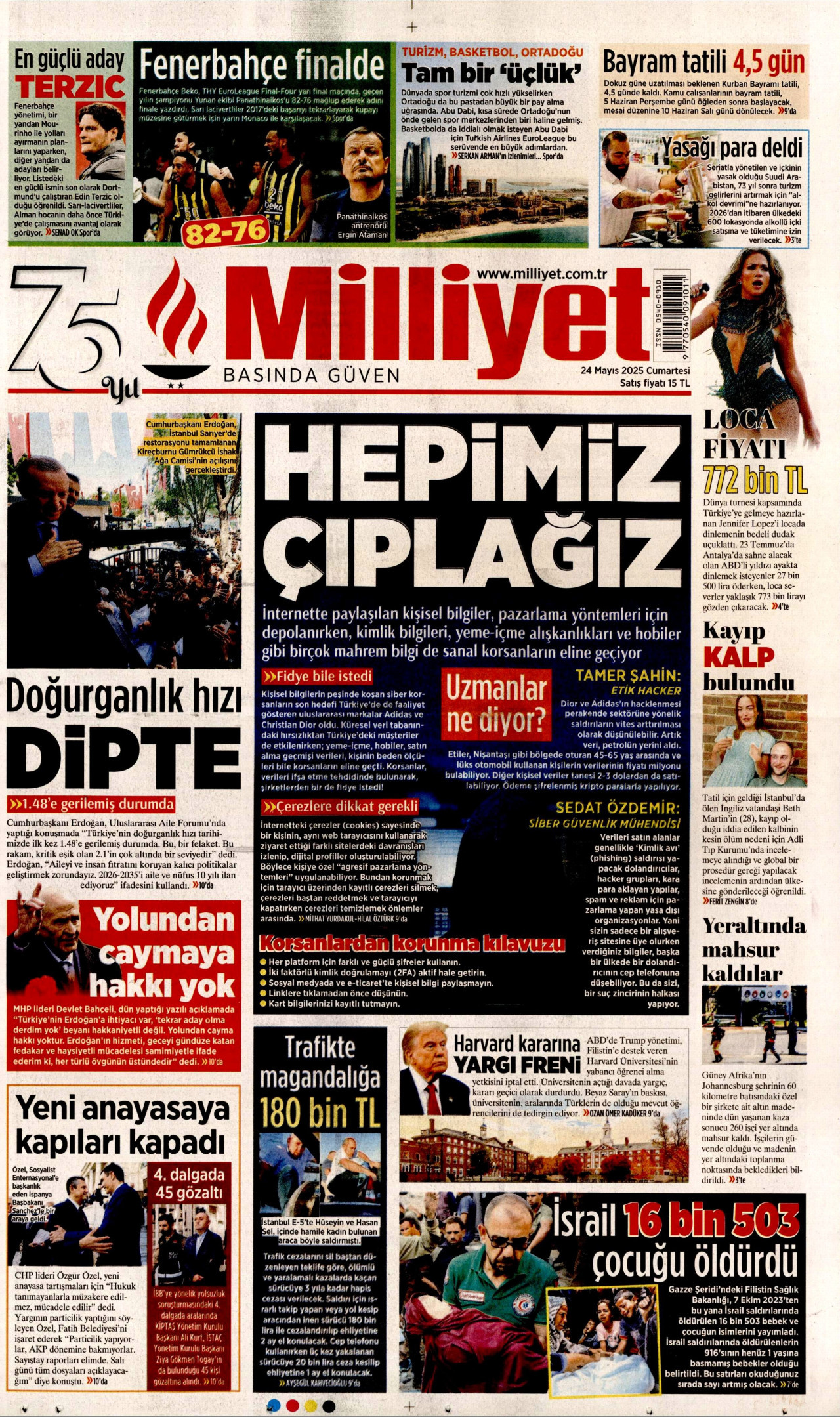 MİLLİYET gazetesinin 24 Mayıs 2025 tarihli birinci sayfası