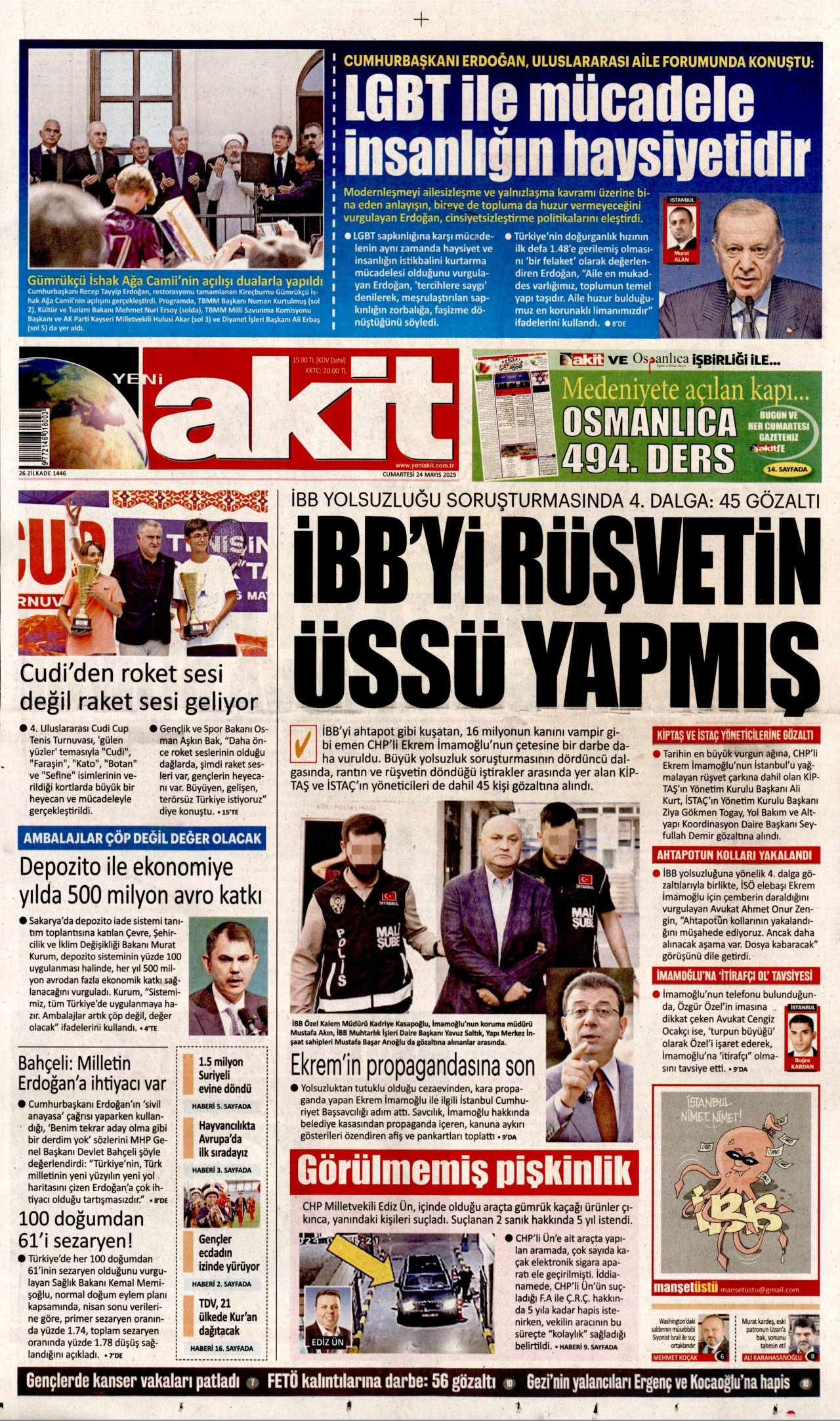 YENİ AKİT gazetesinin 24 Mayıs 2025 tarihli birinci sayfası