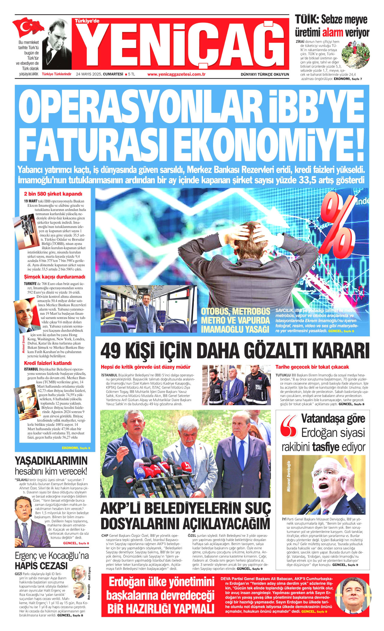YENİÇAĞ gazetesinin 24 Mayıs 2025 tarihli birinci sayfası
