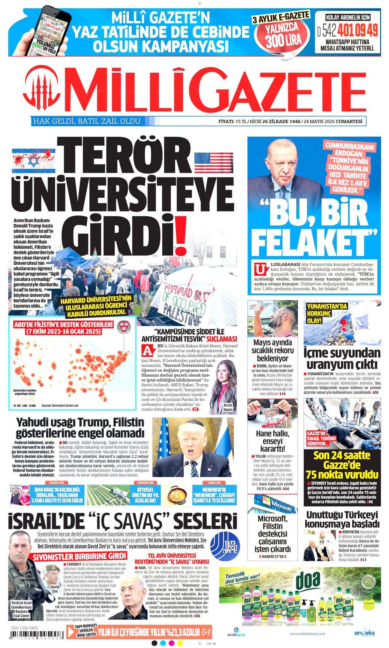 MİLLİ GAZETE gazetesinin 24 Mayıs 2025 tarihli birinci sayfası