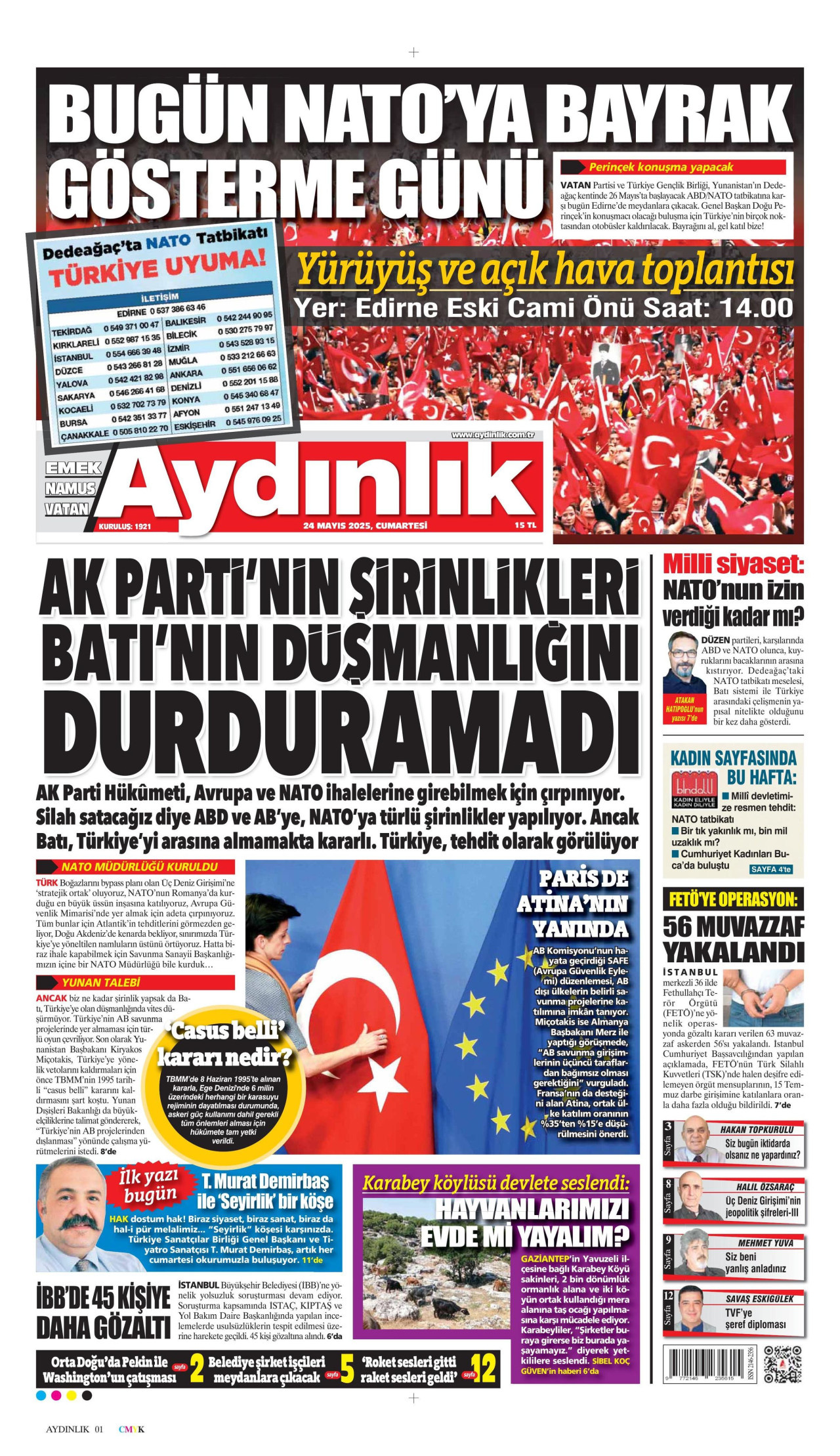 AYDINLIK GAZETESİ gazetesinin 24 Mayıs 2025 tarihli birinci sayfası