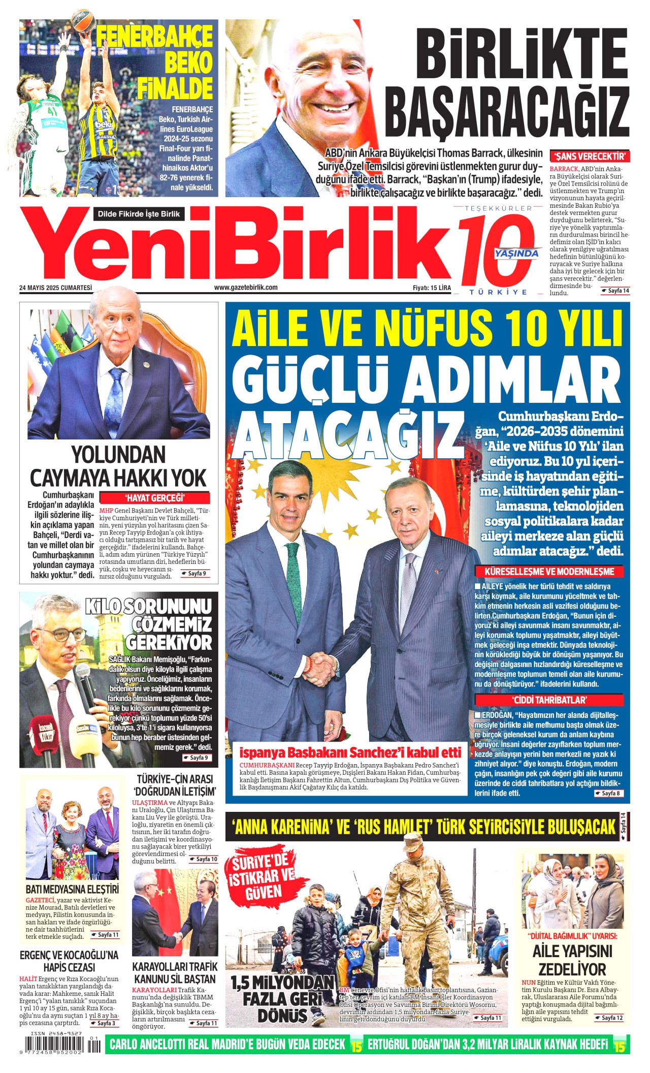 YENİBİRLİK gazetesinin 24 Mayıs 2025 tarihli birinci sayfası