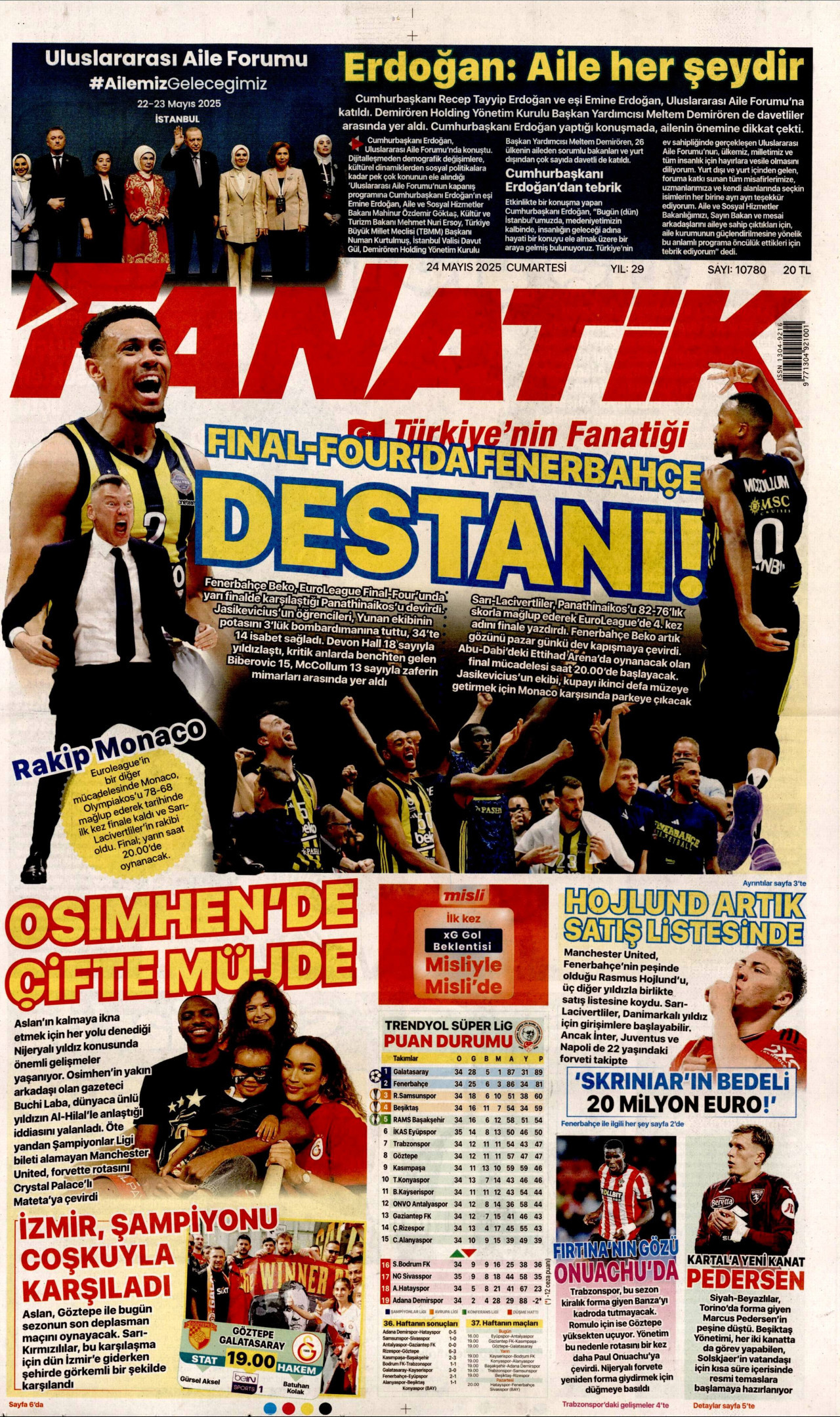 FANATİK gazetesinin 24 Mayıs 2025 tarihli birinci sayfası