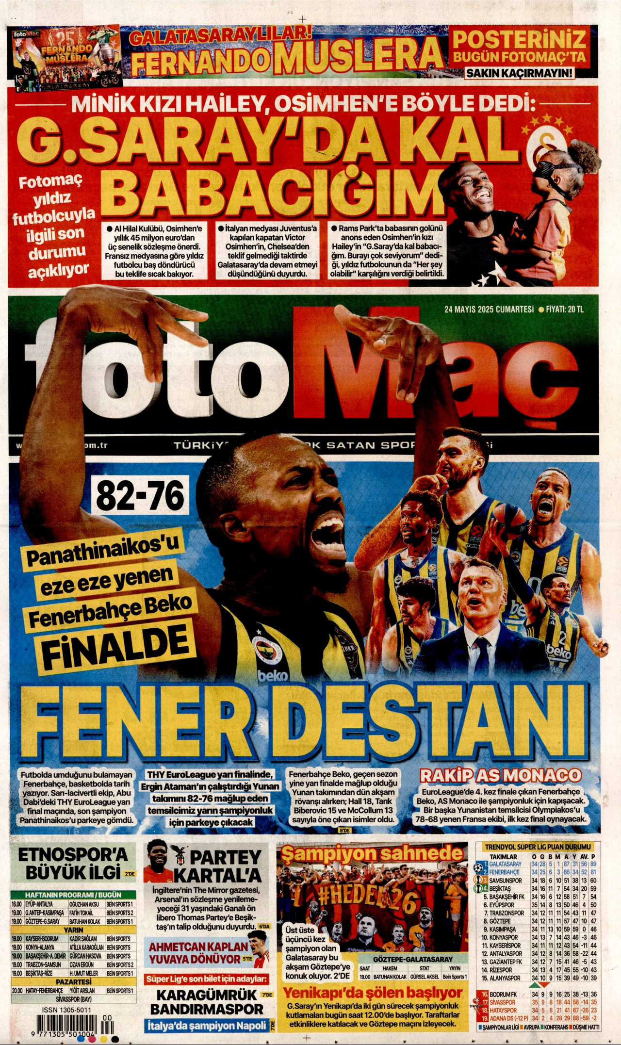 FOTOMAÇ gazetesinin 24 Mayıs 2025 tarihli birinci sayfası