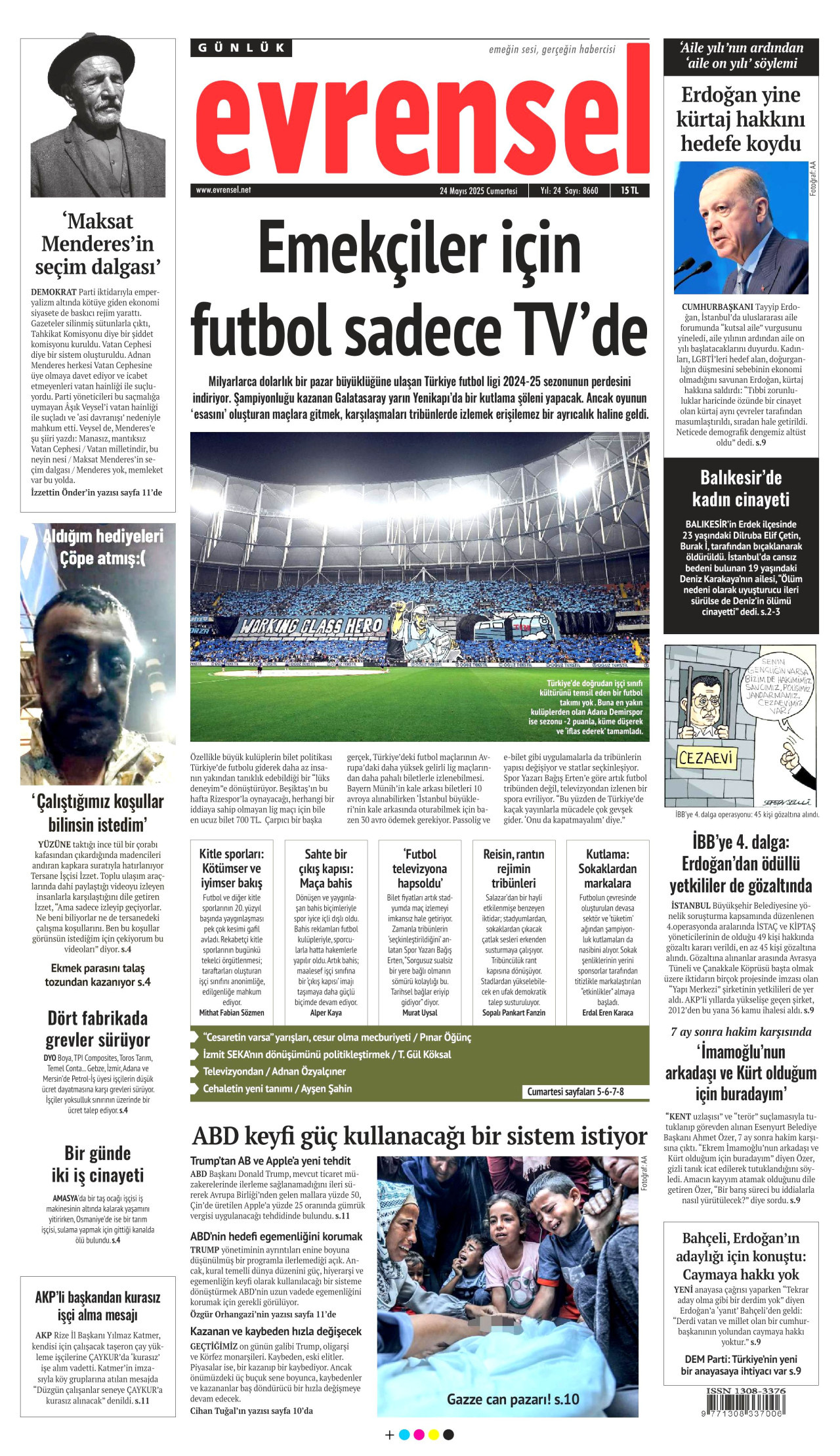 EVRENSEL gazetesinin 24 Mayıs 2025 tarihli birinci sayfası