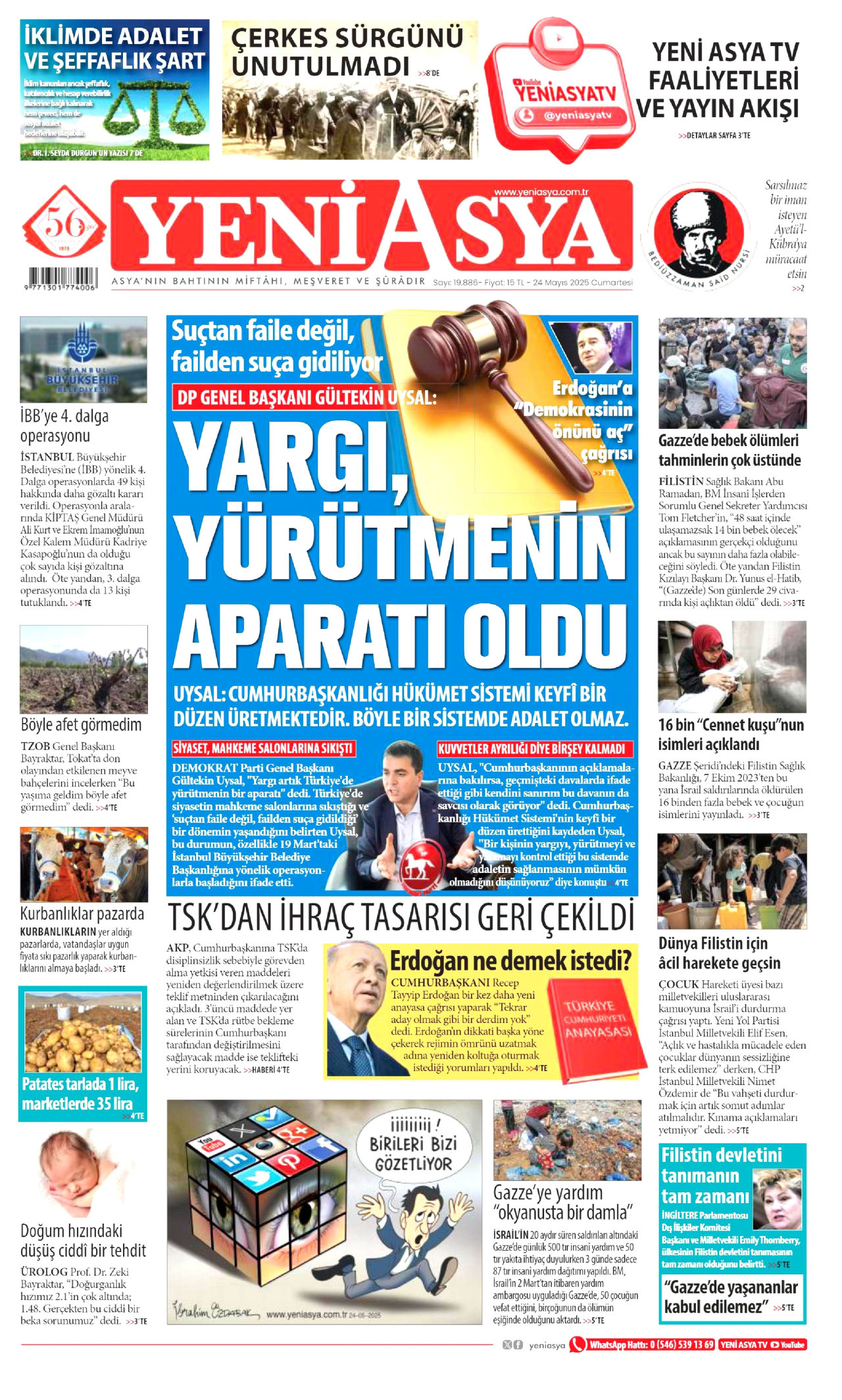 YENİ ASYA gazetesinin 24 Mayıs 2025 tarihli birinci sayfası