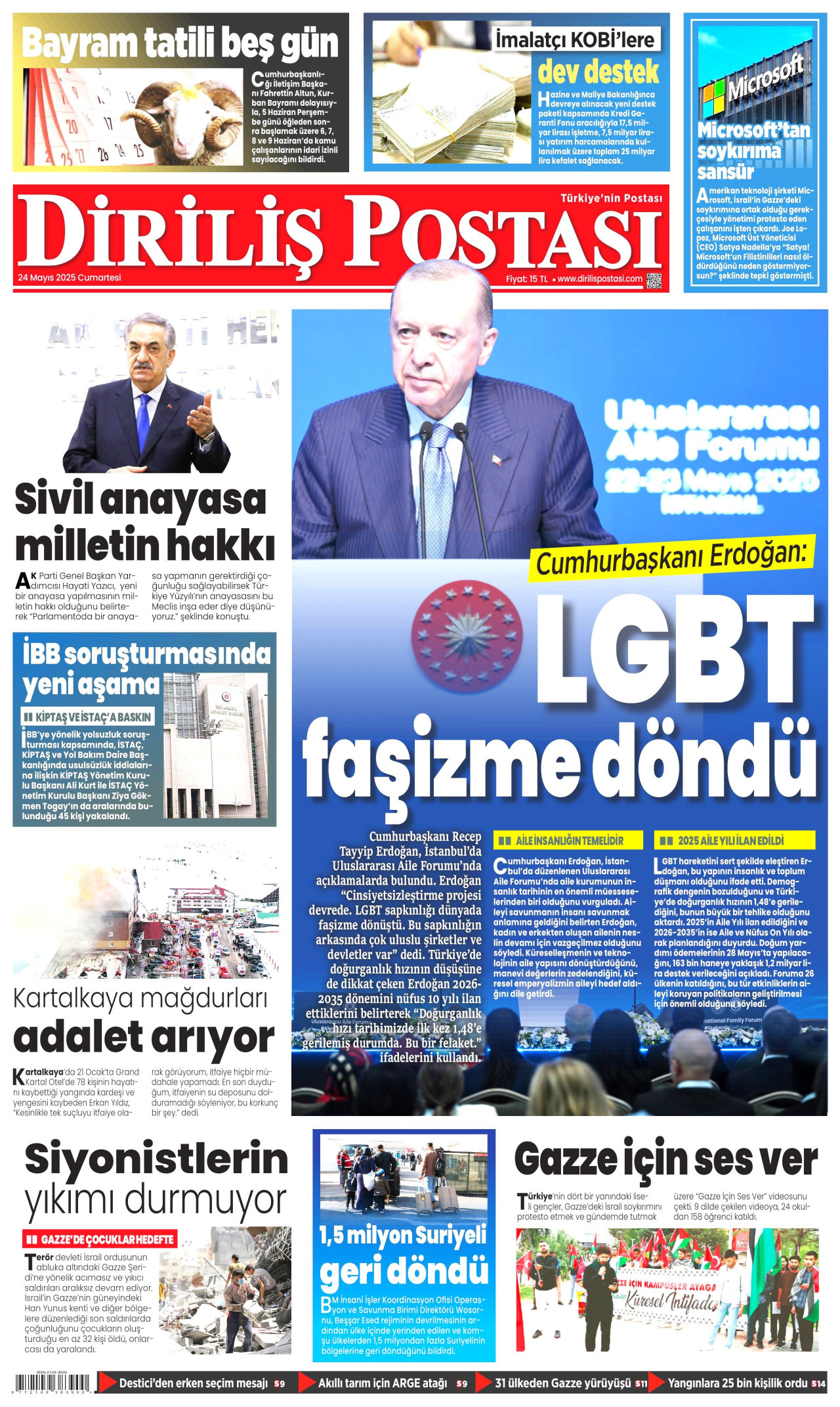 DİRİLİŞ POSTASI gazetesinin 24 Mayıs 2025 tarihli birinci sayfası