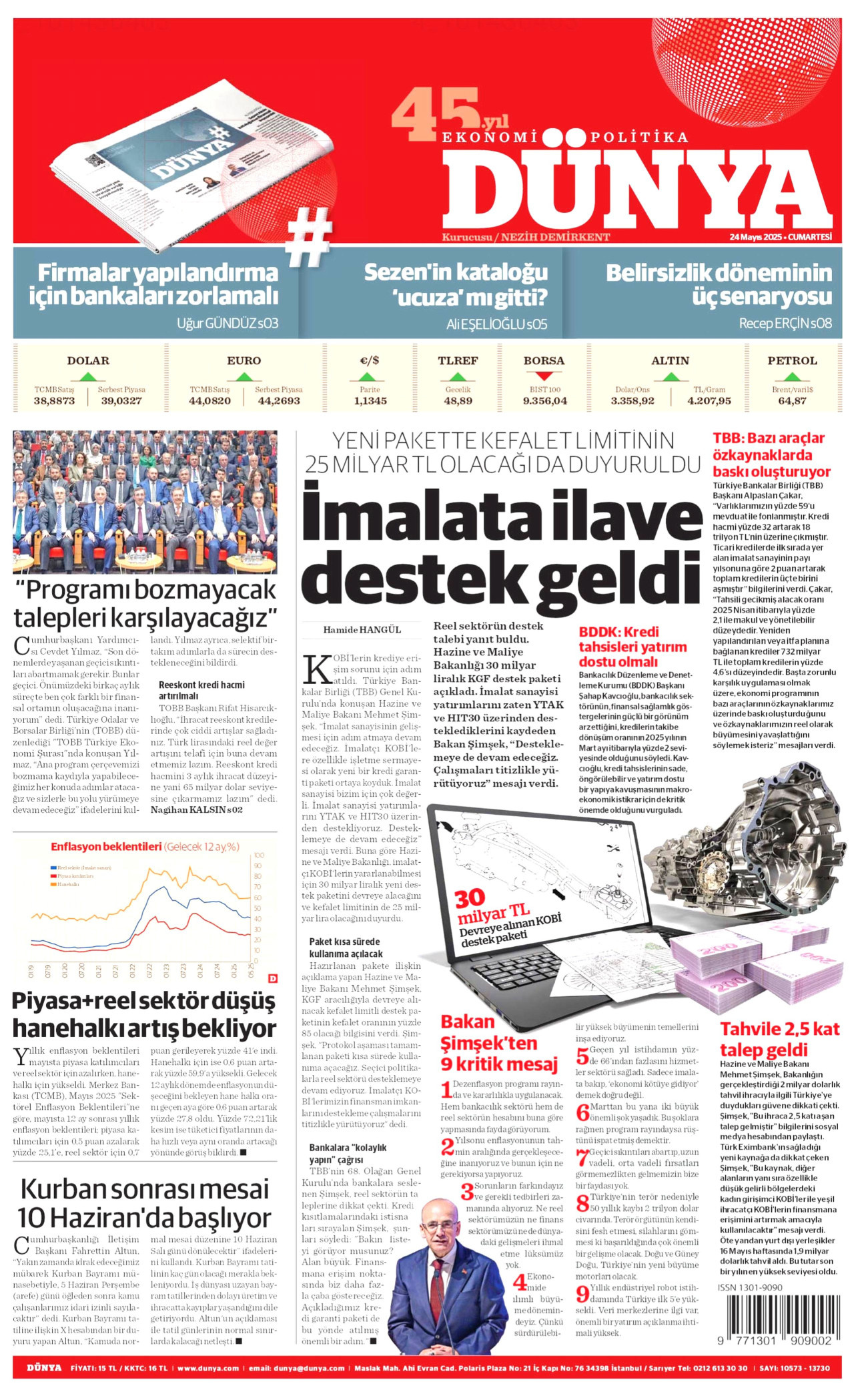 DÜNYA gazetesinin 24 Mayıs 2025 tarihli birinci sayfası