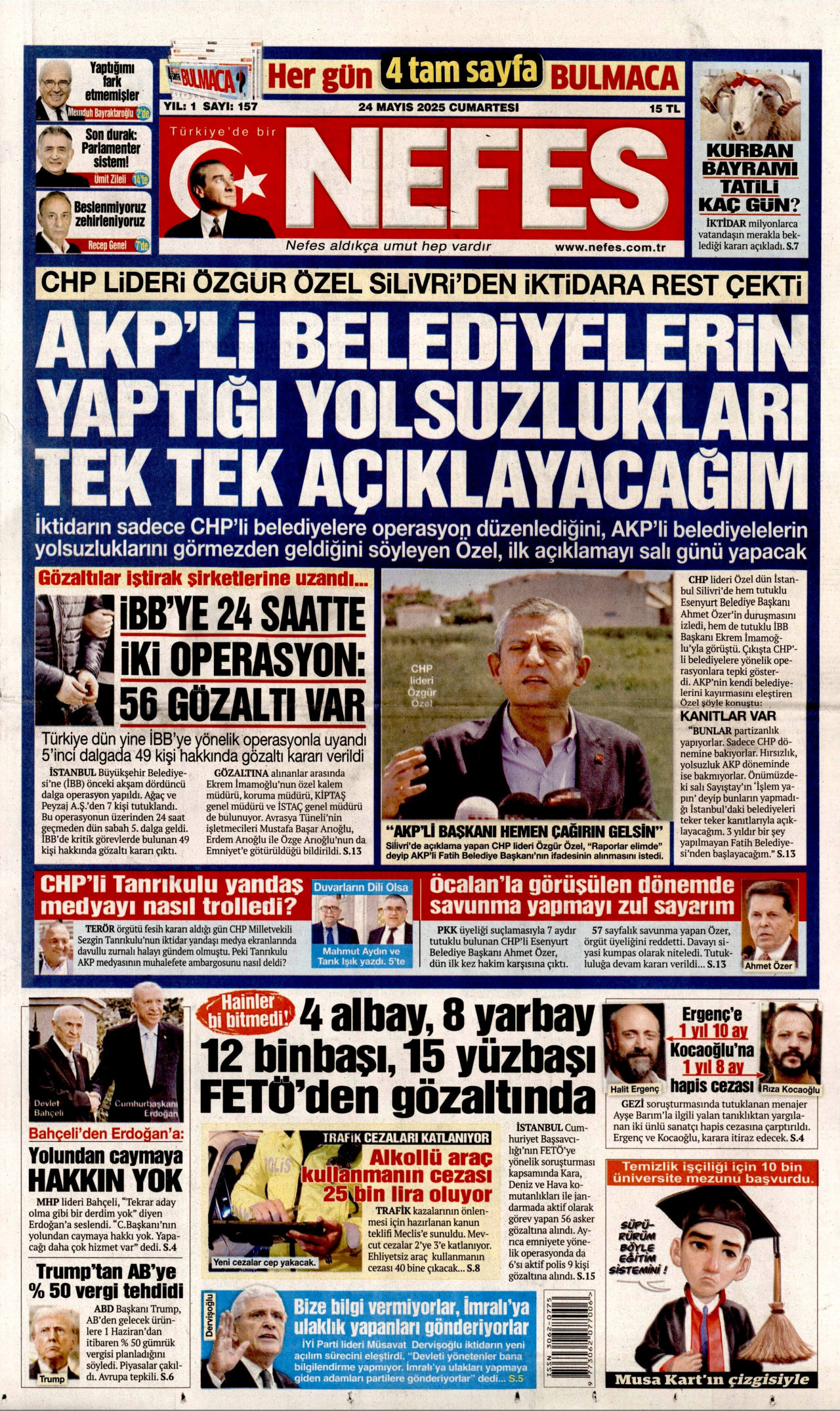 NEFES gazetesinin 24 Mayıs 2025 tarihli birinci sayfası