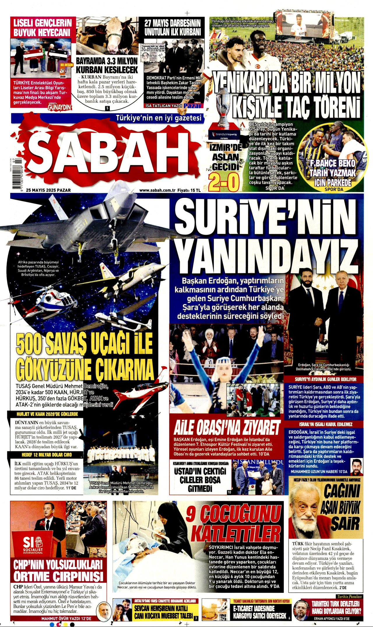 SABAH gazetesinin 25 Mayıs 2025 tarihli birinci sayfası