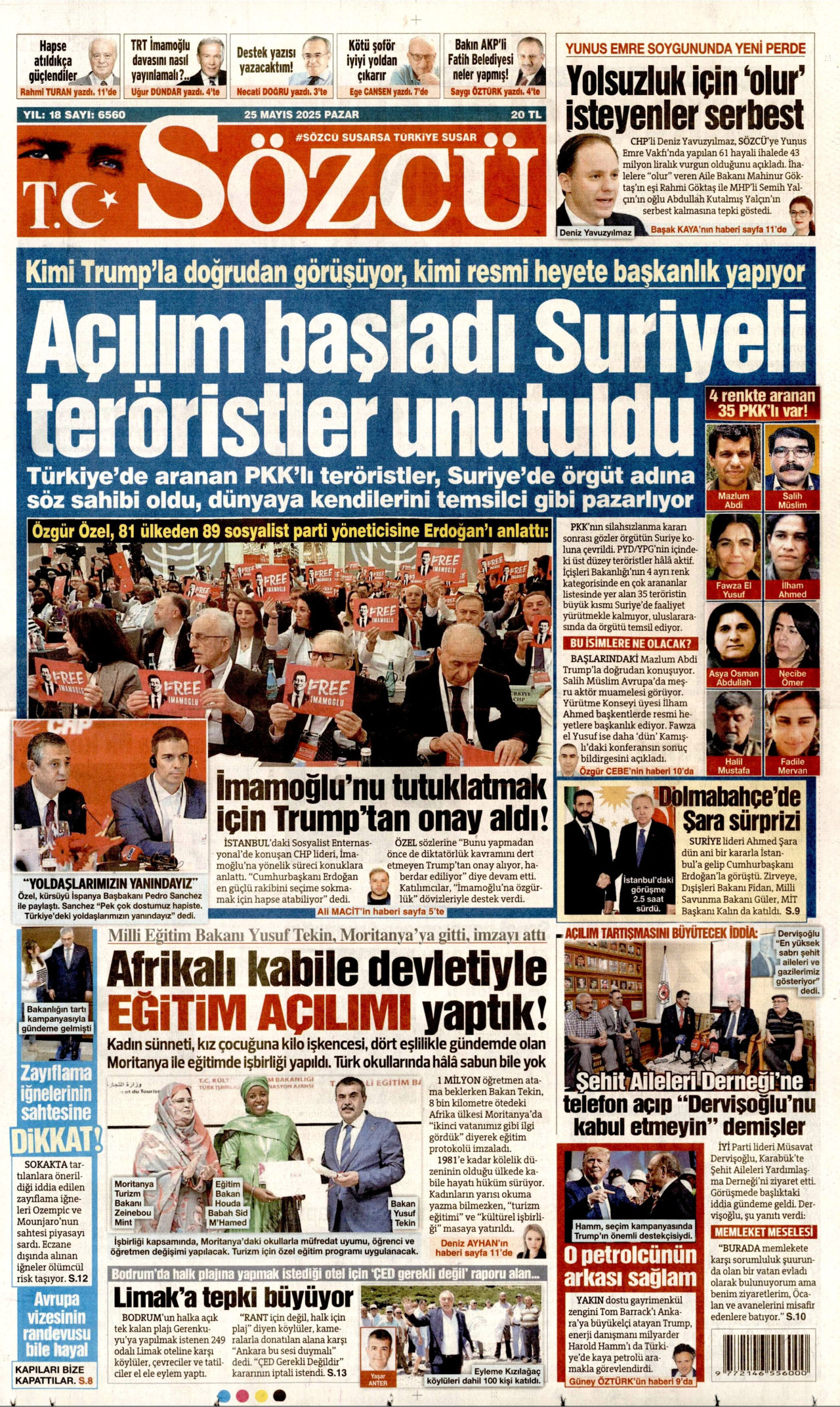 SÖZCÜ gazetesinin 25 Mayıs 2025 tarihli birinci sayfası