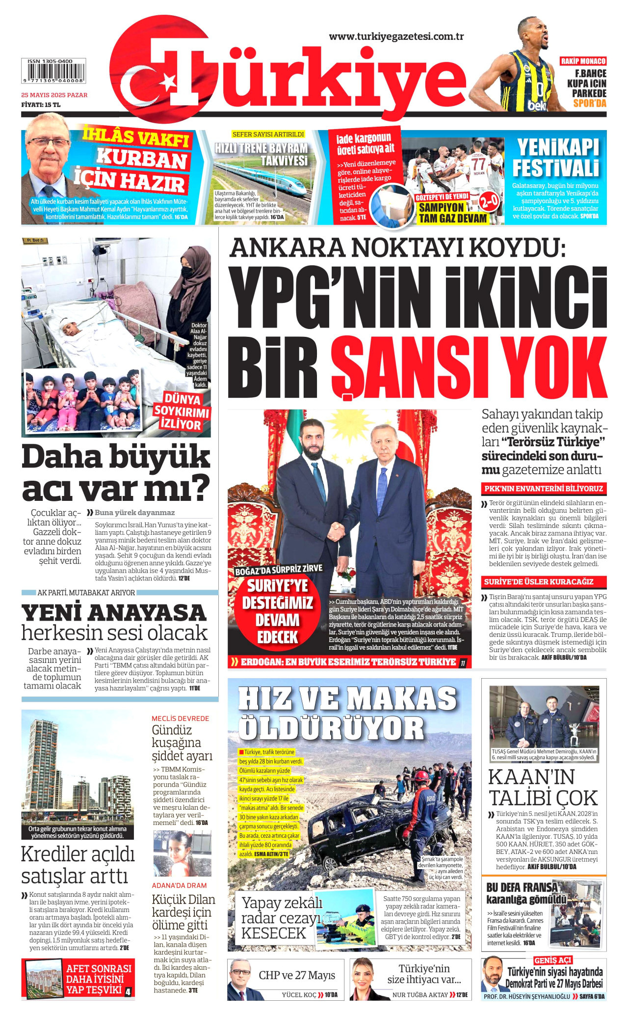 TÜRKİYE GAZETESİ gazetesinin 25 Mayıs 2025 tarihli birinci sayfası