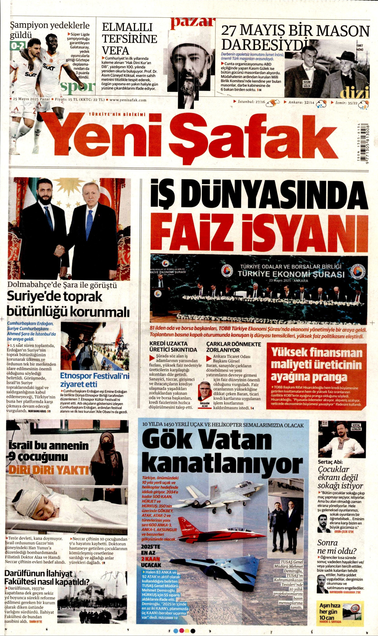 YENİ ŞAFAK gazetesinin 25 Mayıs 2025 tarihli birinci sayfası