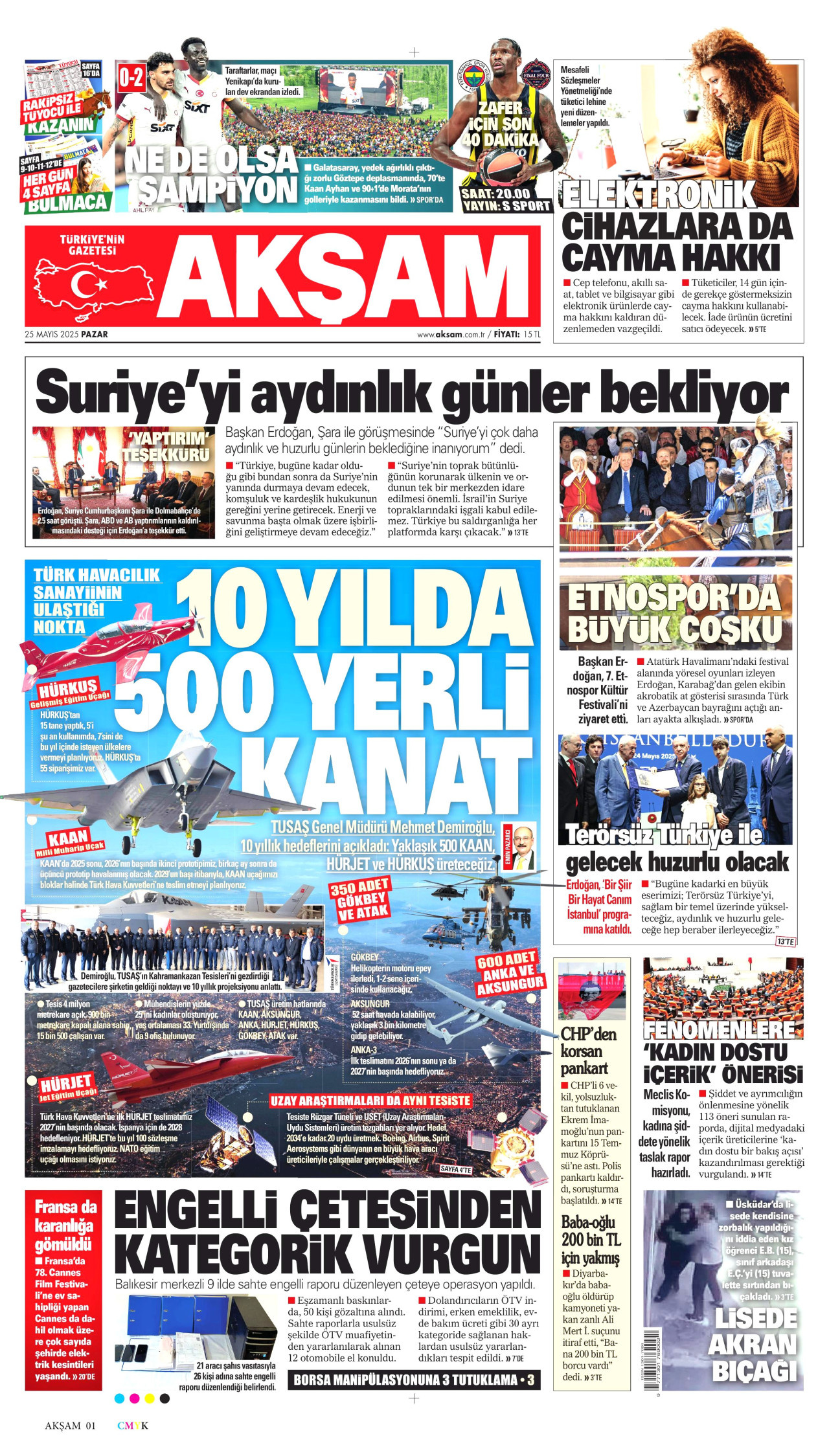 AKŞAM gazetesinin 25 Mayıs 2025 tarihli birinci sayfası