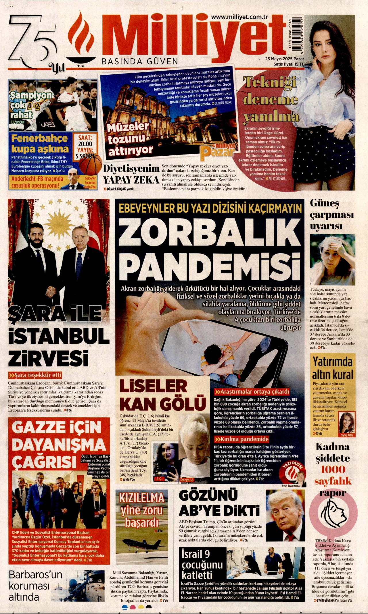 MİLLİYET gazetesinin 25 Mayıs 2025 tarihli birinci sayfası