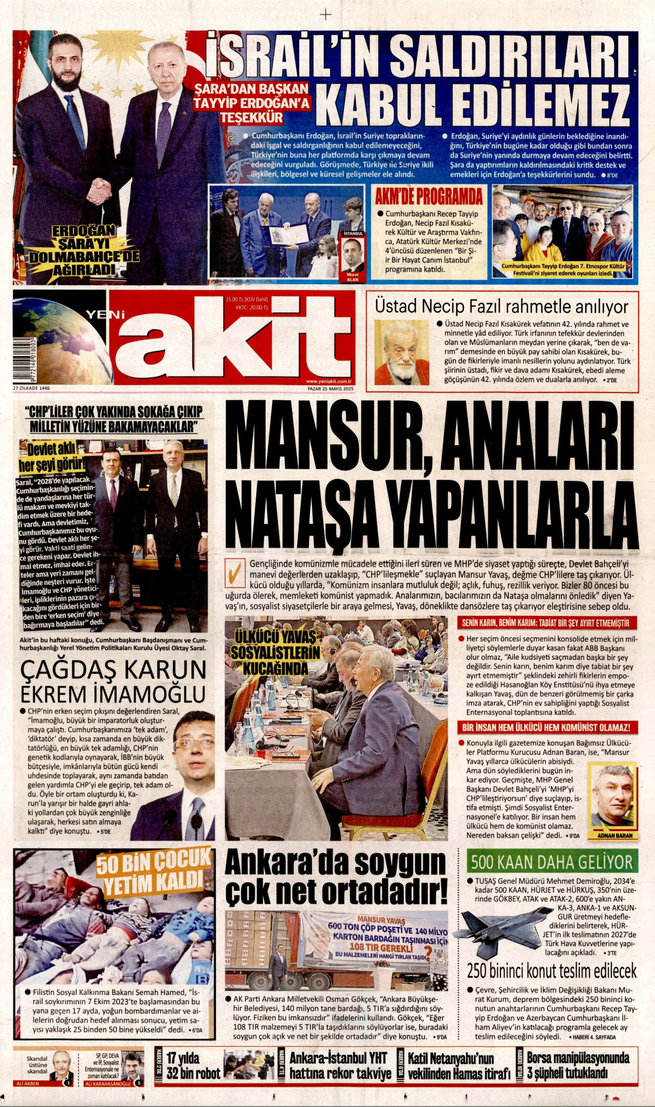 YENİ AKİT gazetesinin 25 Mayıs 2025 tarihli birinci sayfası