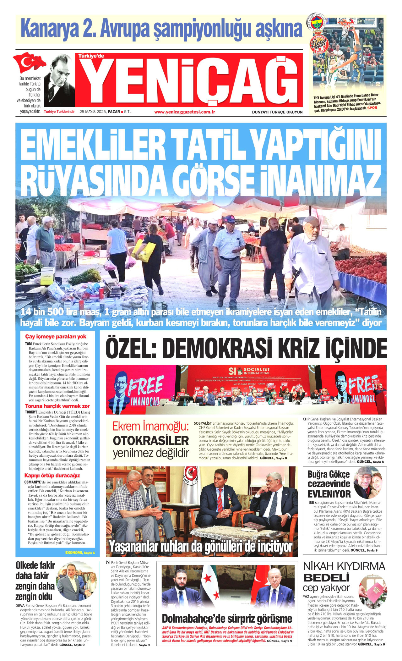 YENİÇAĞ gazetesinin 25 Mayıs 2025 tarihli birinci sayfası
