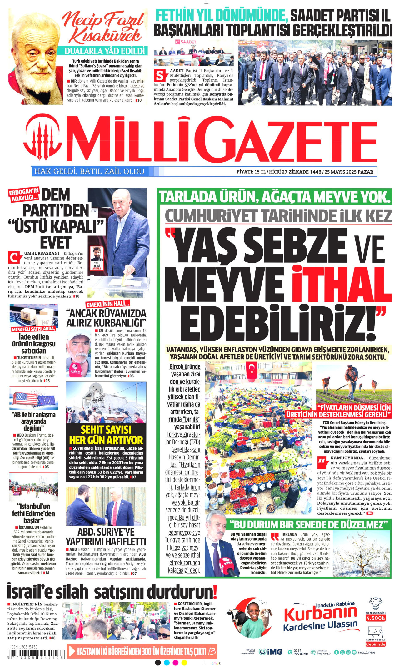 MİLLİ GAZETE gazetesinin 25 Mayıs 2025 tarihli birinci sayfası