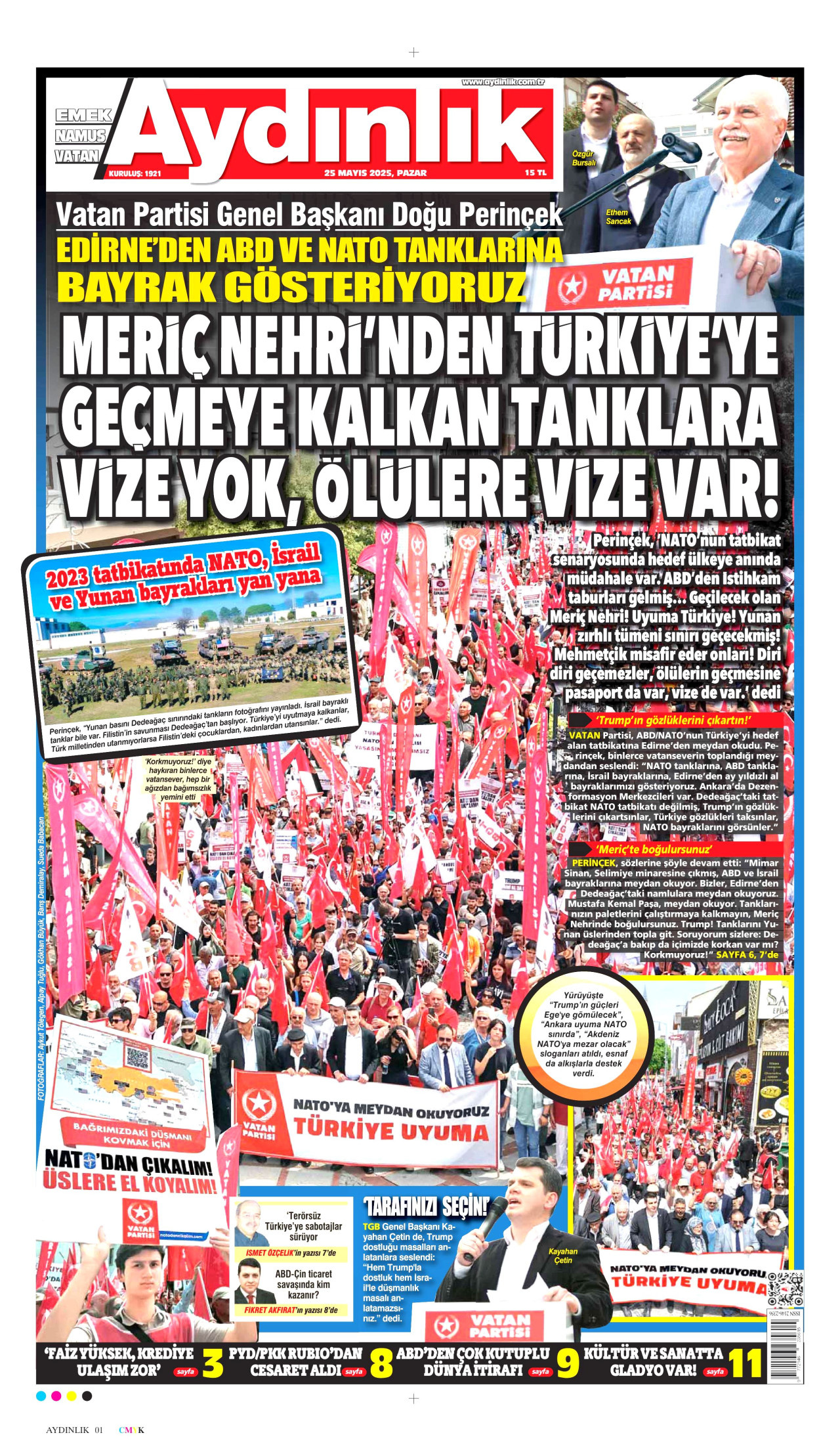 AYDINLIK GAZETESİ gazetesinin 25 Mayıs 2025 tarihli birinci sayfası