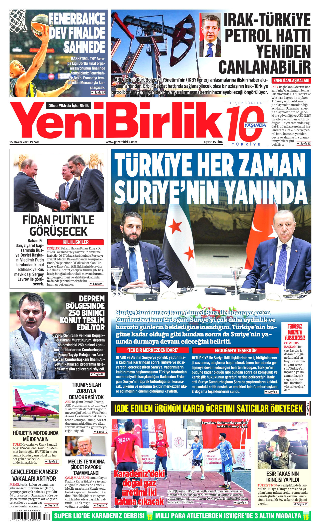 YENİBİRLİK gazetesinin 25 Mayıs 2025 tarihli birinci sayfası