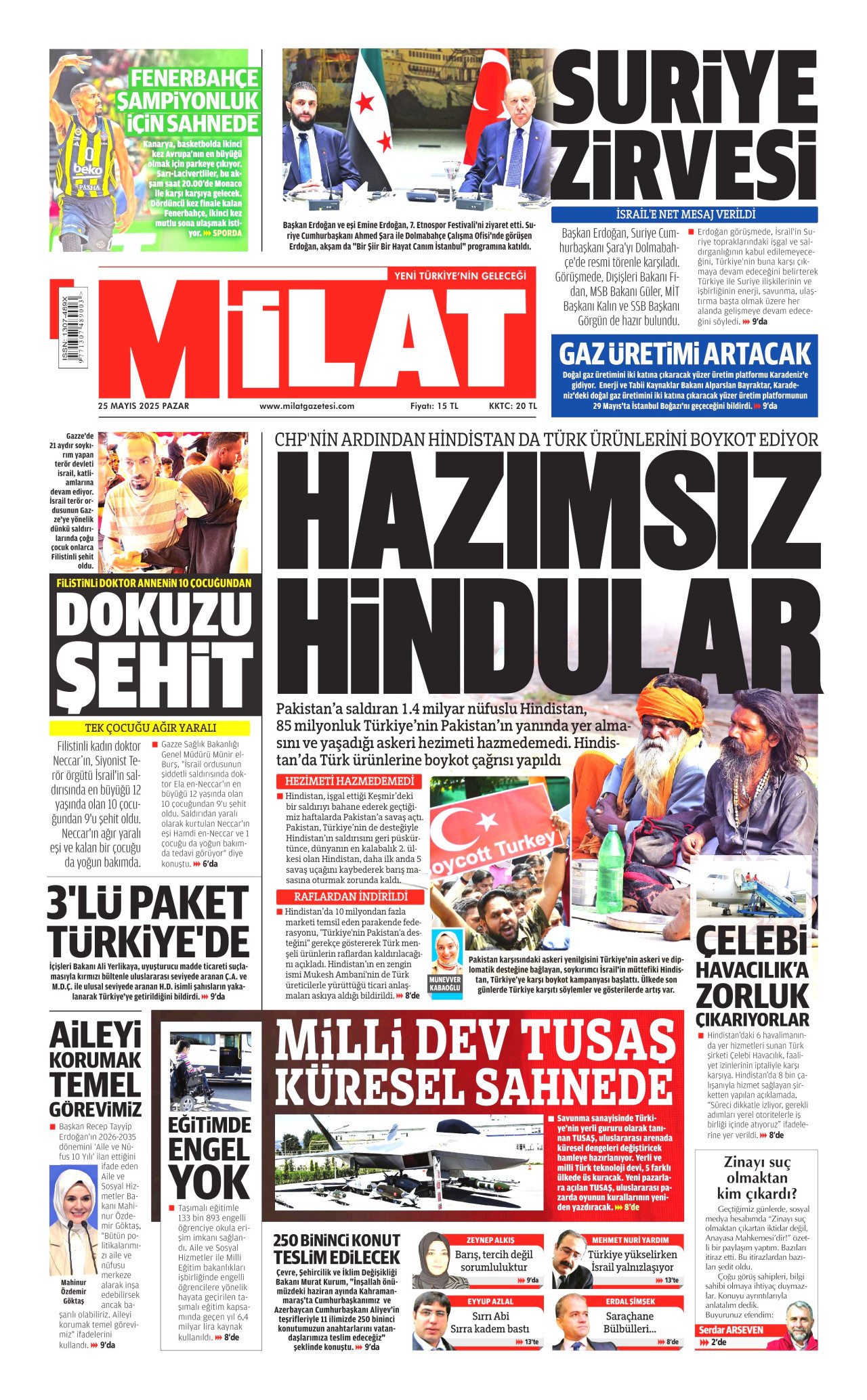 MİLAT gazetesinin 25 Mayıs 2025 tarihli birinci sayfası