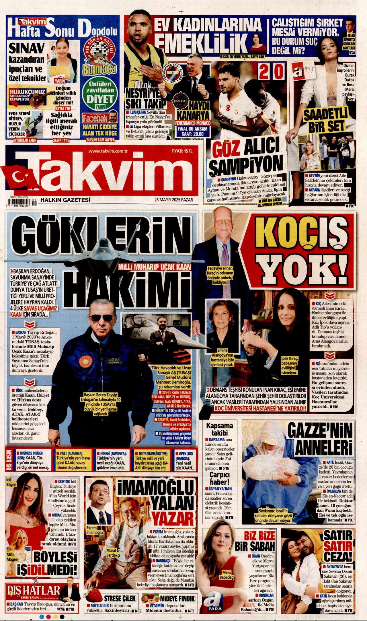 TAKVİM gazetesinin 25 Mayıs 2025 tarihli birinci sayfası
