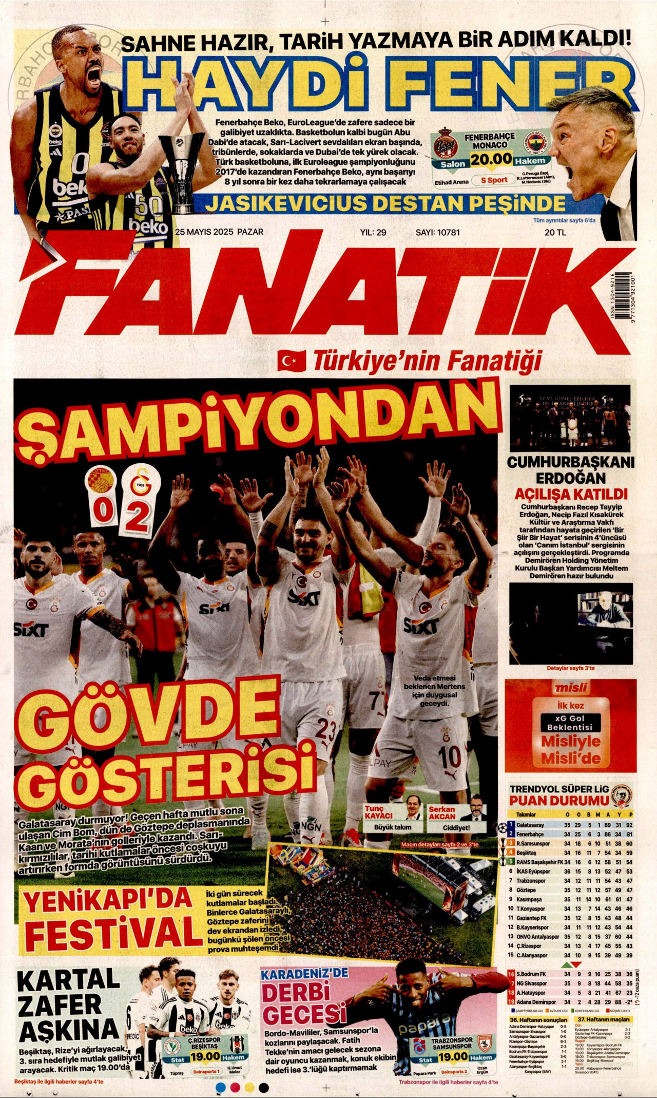 FANATİK gazetesinin 25 Mayıs 2025 tarihli birinci sayfası
