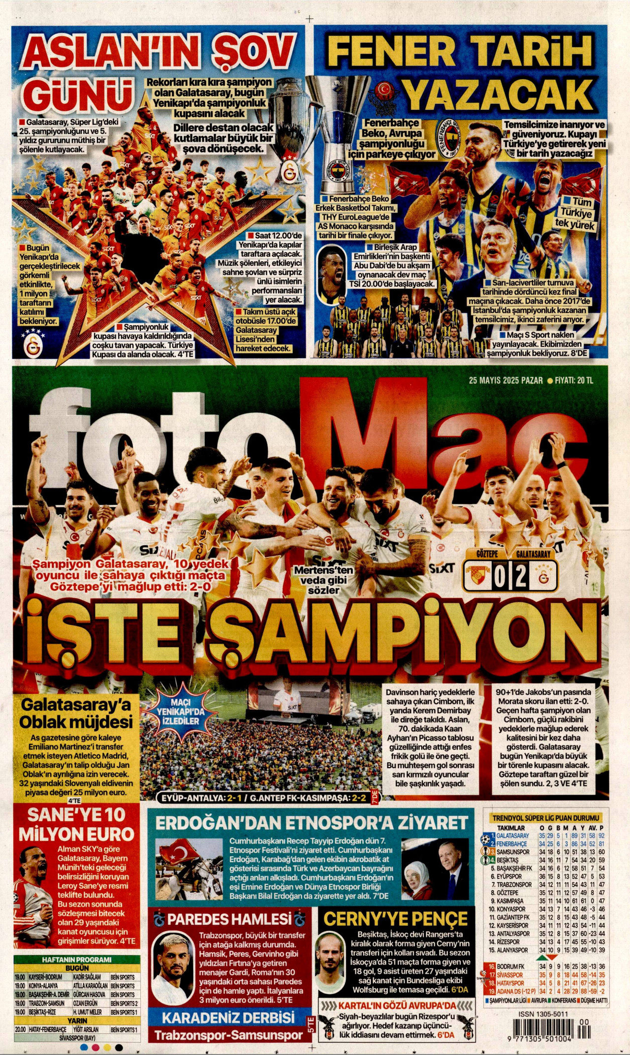 FOTOMAÇ gazetesinin 25 Mayıs 2025 tarihli birinci sayfası