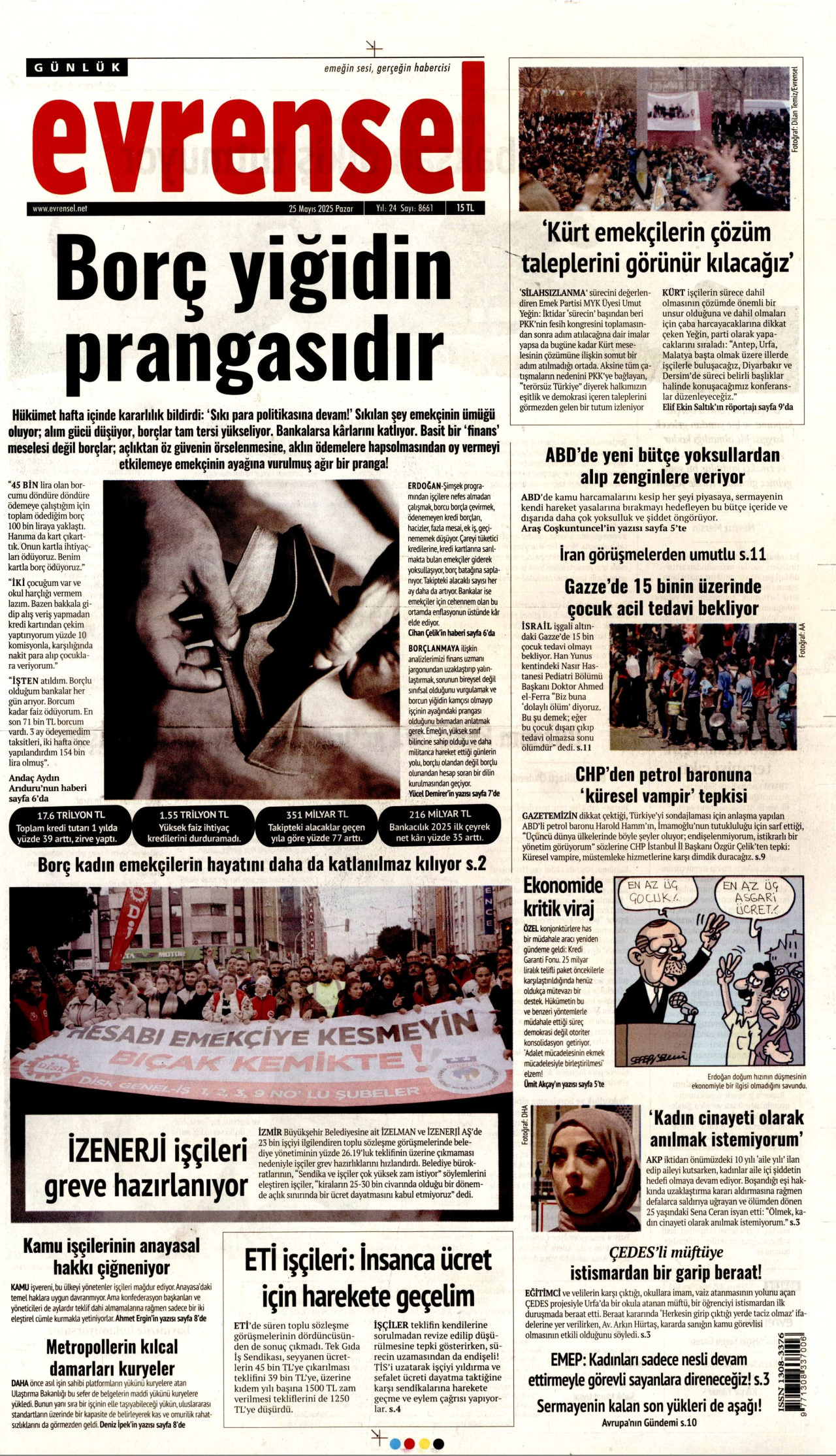 EVRENSEL gazetesinin 25 Mayıs 2025 tarihli birinci sayfası