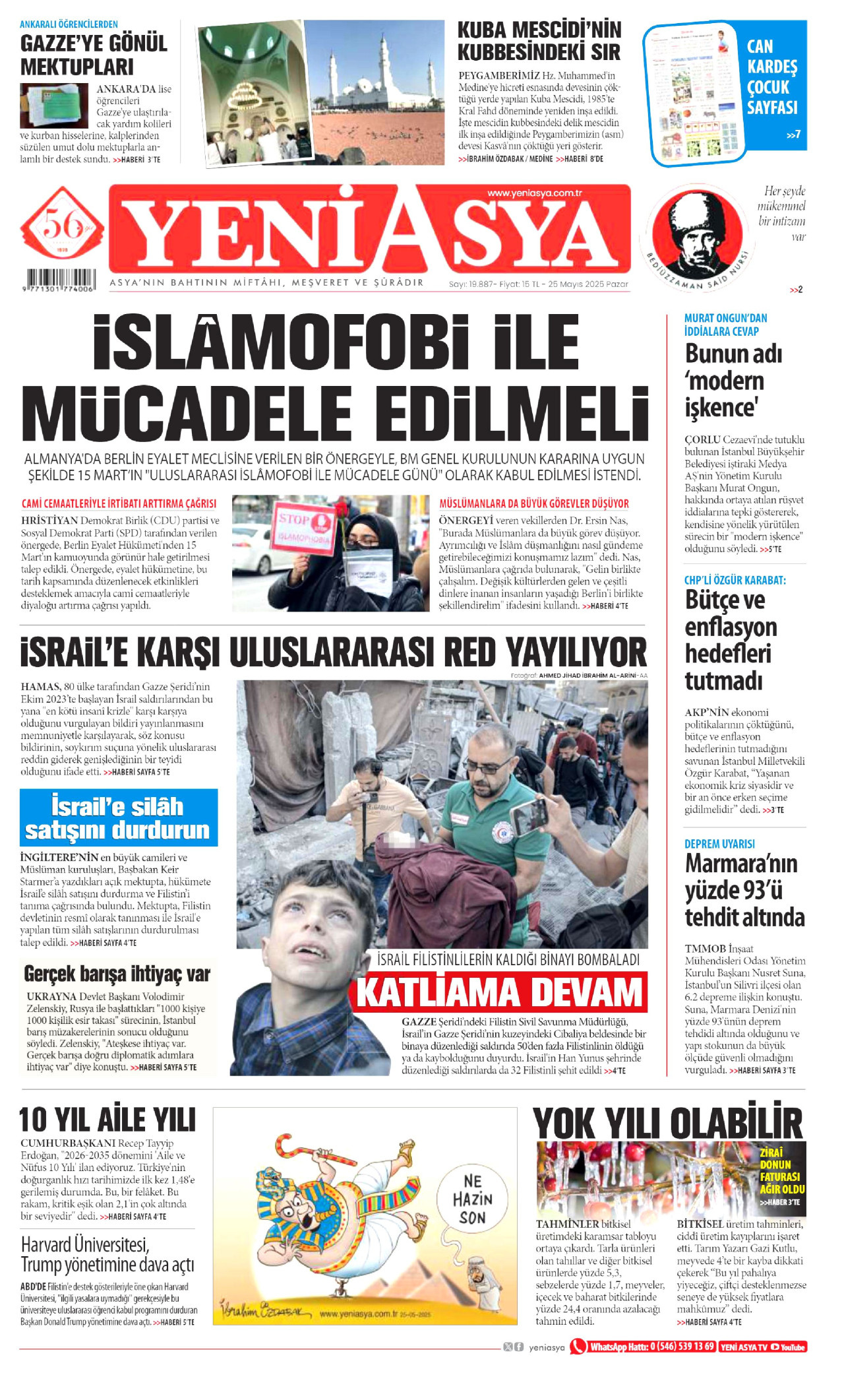 YENİ ASYA gazetesinin 25 Mayıs 2025 tarihli birinci sayfası