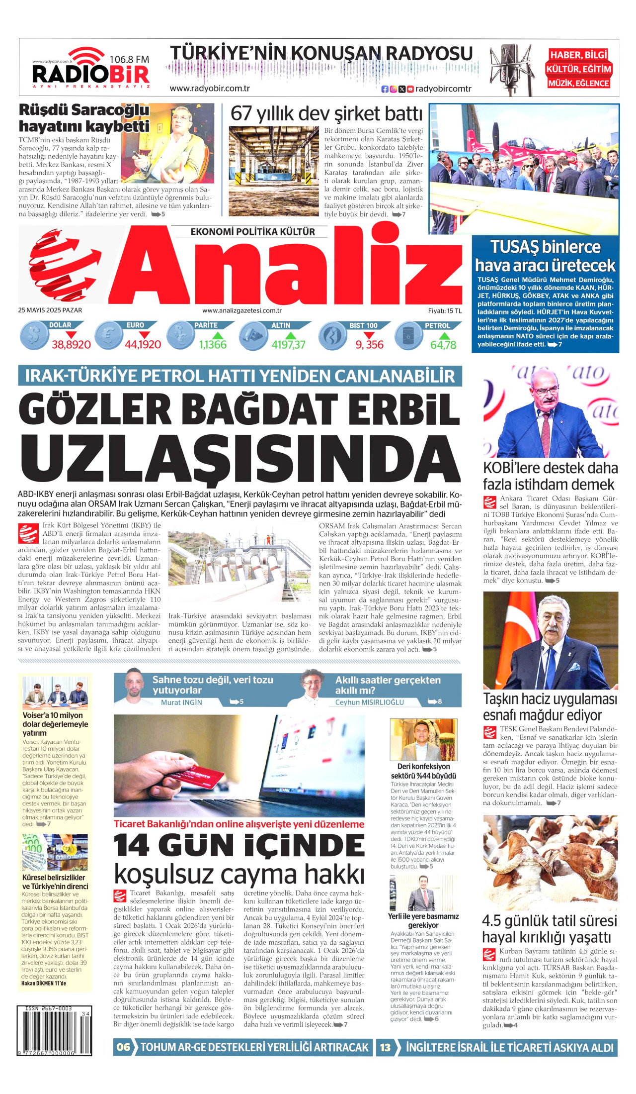 ANALİZ gazetesinin 25 Mayıs 2025 tarihli birinci sayfası