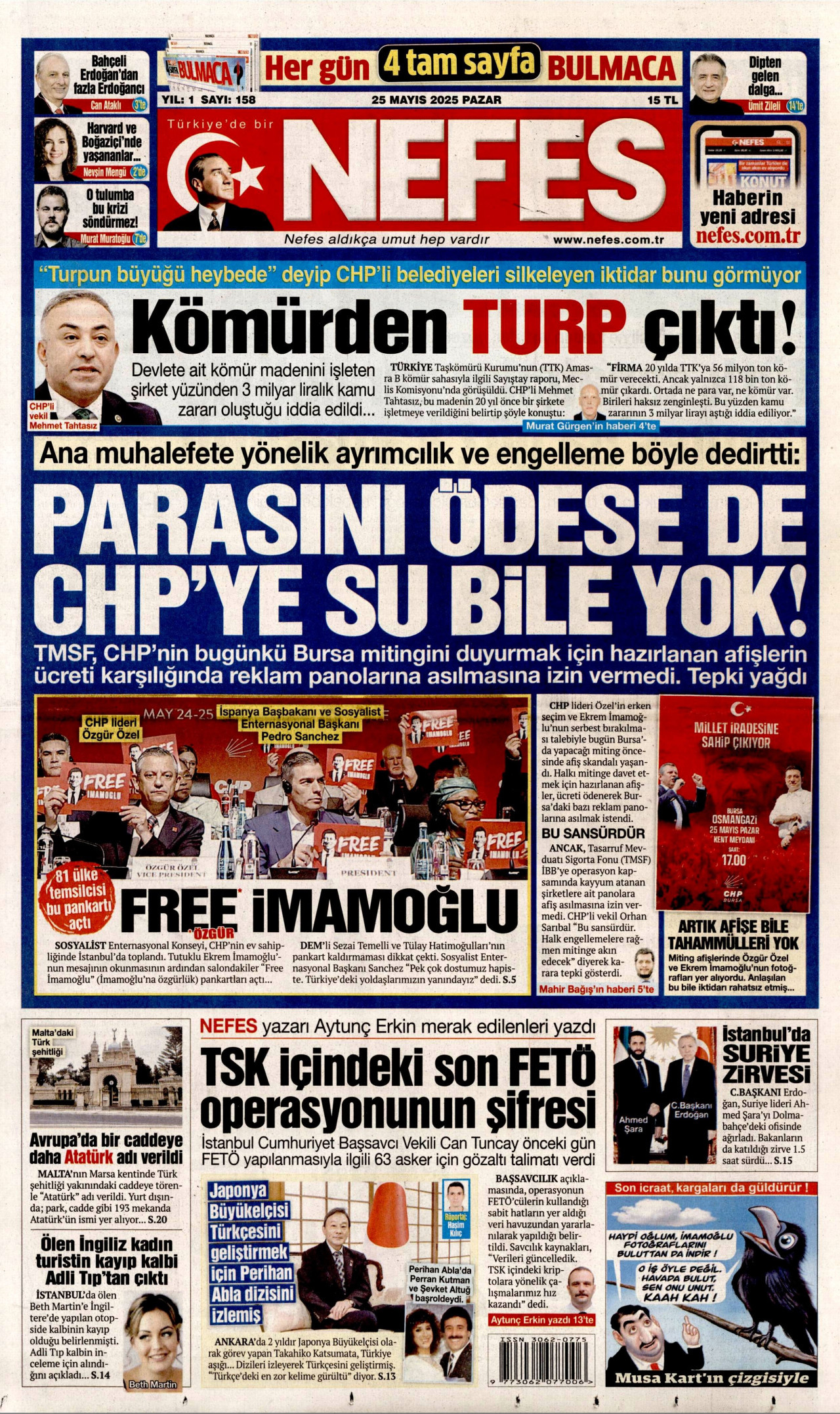 NEFES gazetesinin 25 Mayıs 2025 tarihli birinci sayfası