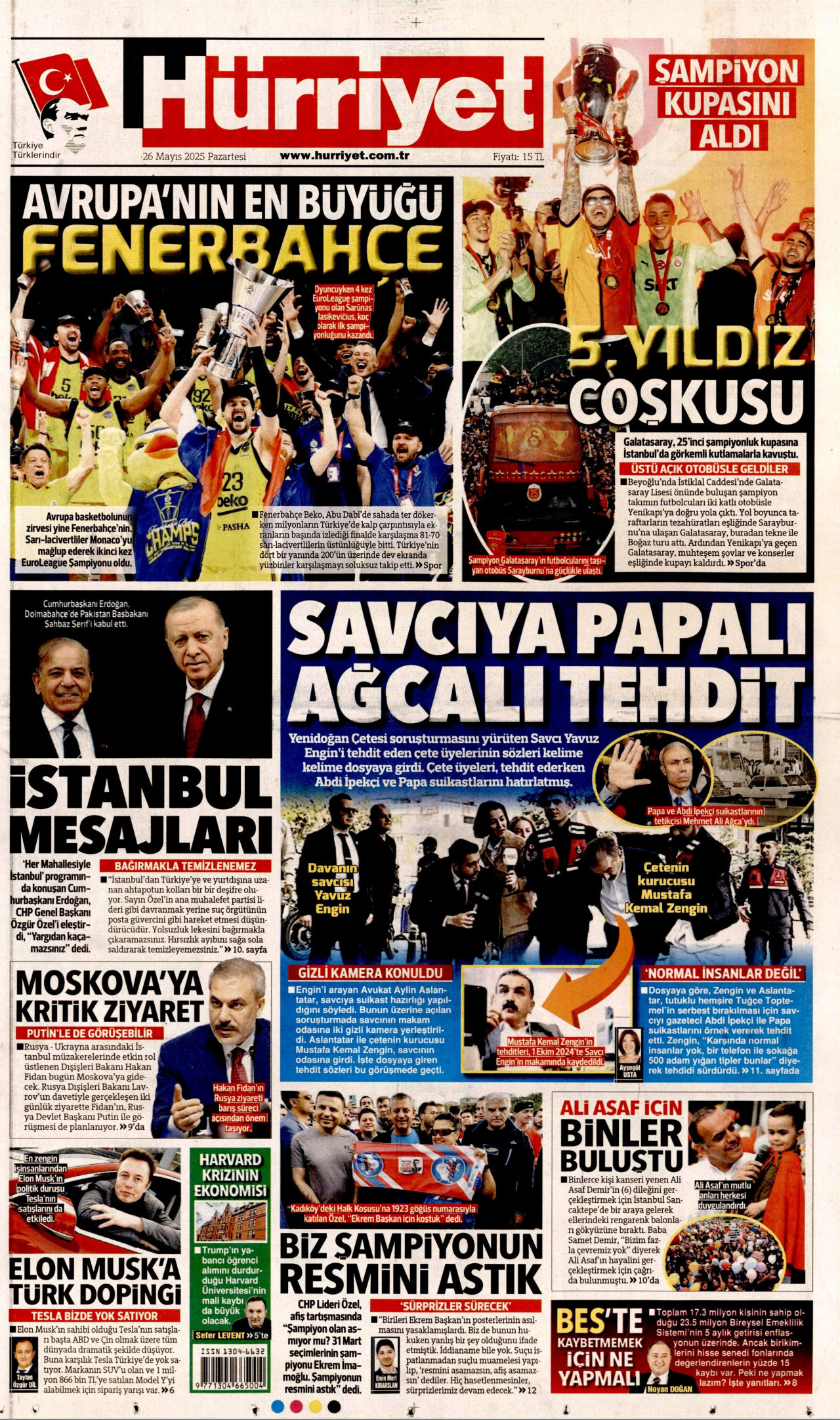 HÜRRİYET gazetesinin 26 Mayıs 2025 tarihli birinci sayfası