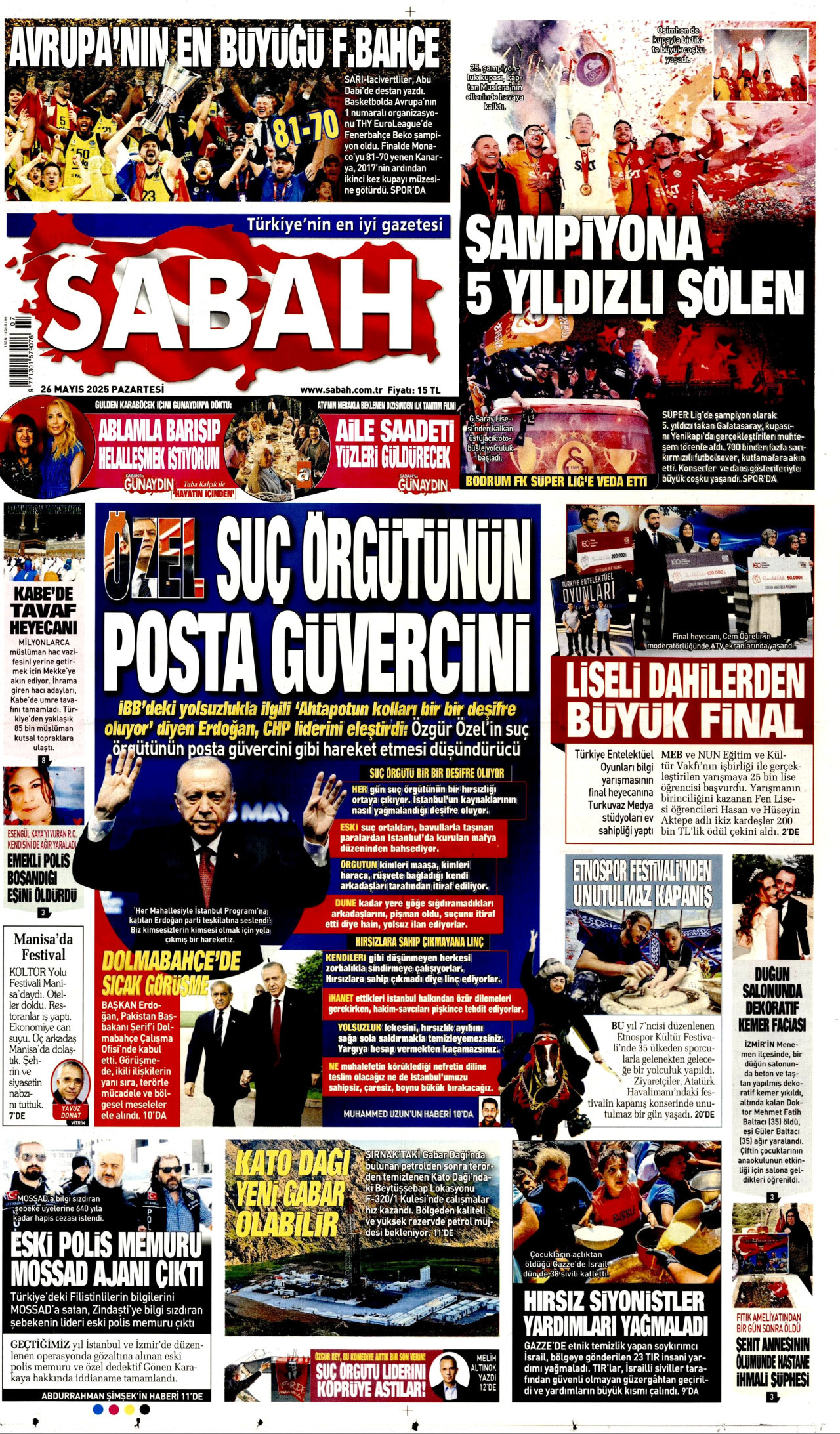 SABAH gazetesinin 26 Mayıs 2025 tarihli birinci sayfası