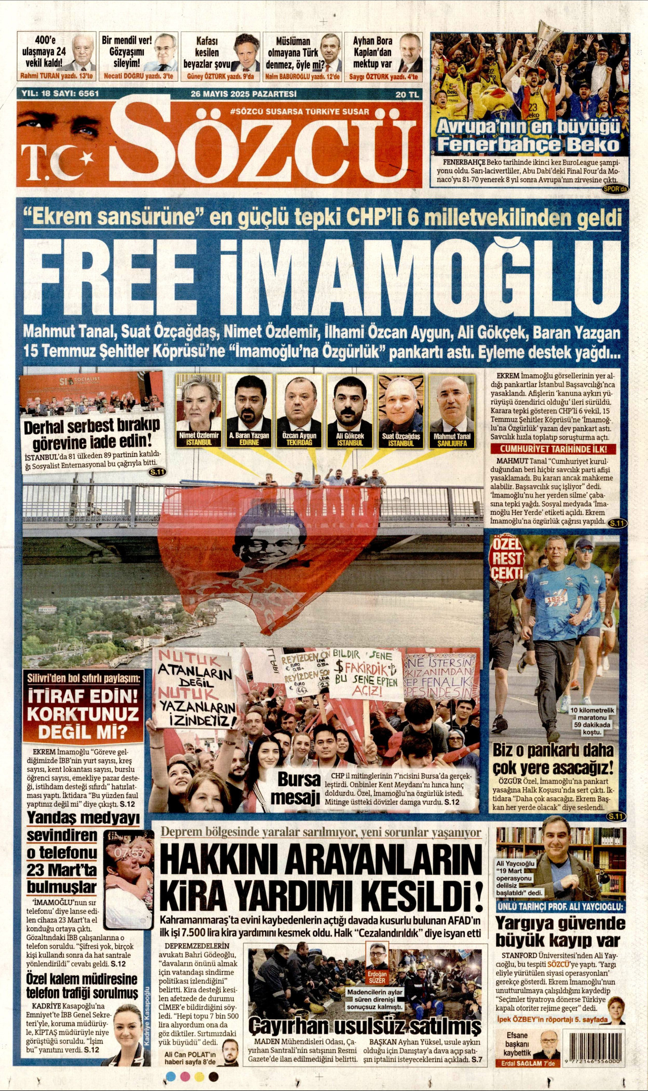 SÖZCÜ gazetesinin 26 Mayıs 2025 tarihli birinci sayfası